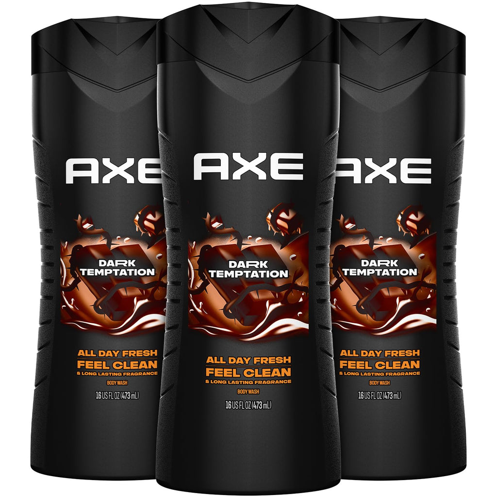 AXE Dark Temptation Men's Body Wash 3-Pack – 16 oz Each, 12-Hour Chocolate Scent