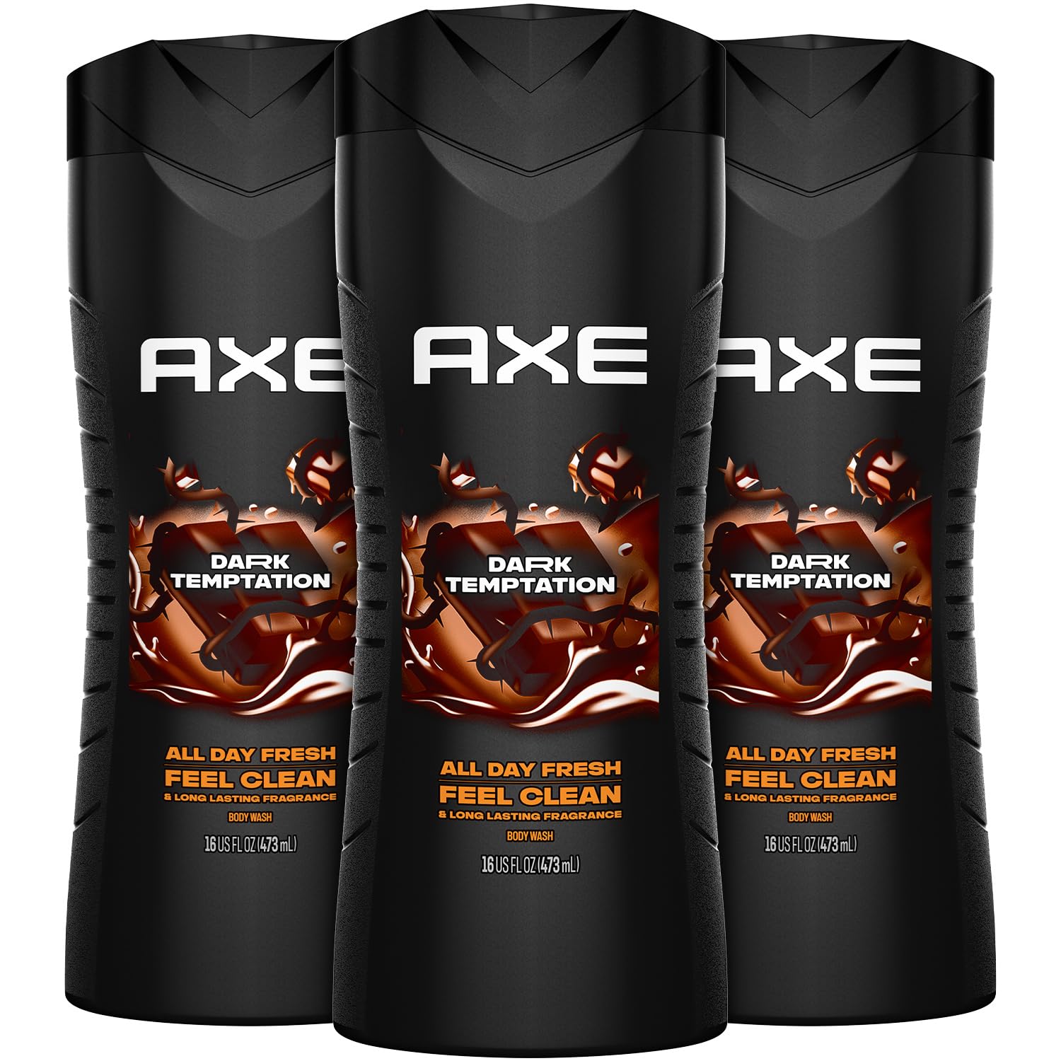 AXE Dark Temptation Men's Body Wash 3-Pack – 16 oz Each, 12-Hour Chocolate Scent