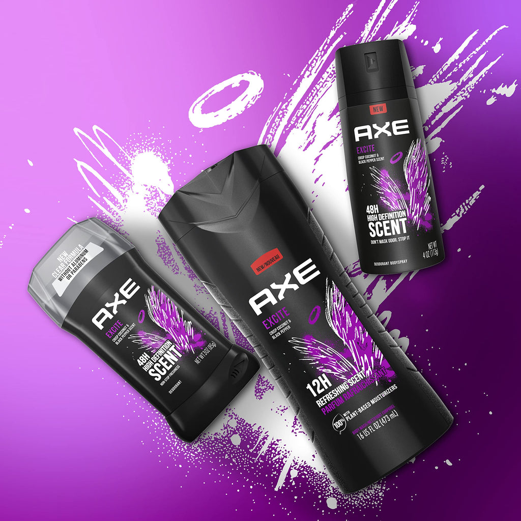 AXE Body Wash 12h Refreshing Scent Excite Crisp Coconut & Black Pepper, 16 oz