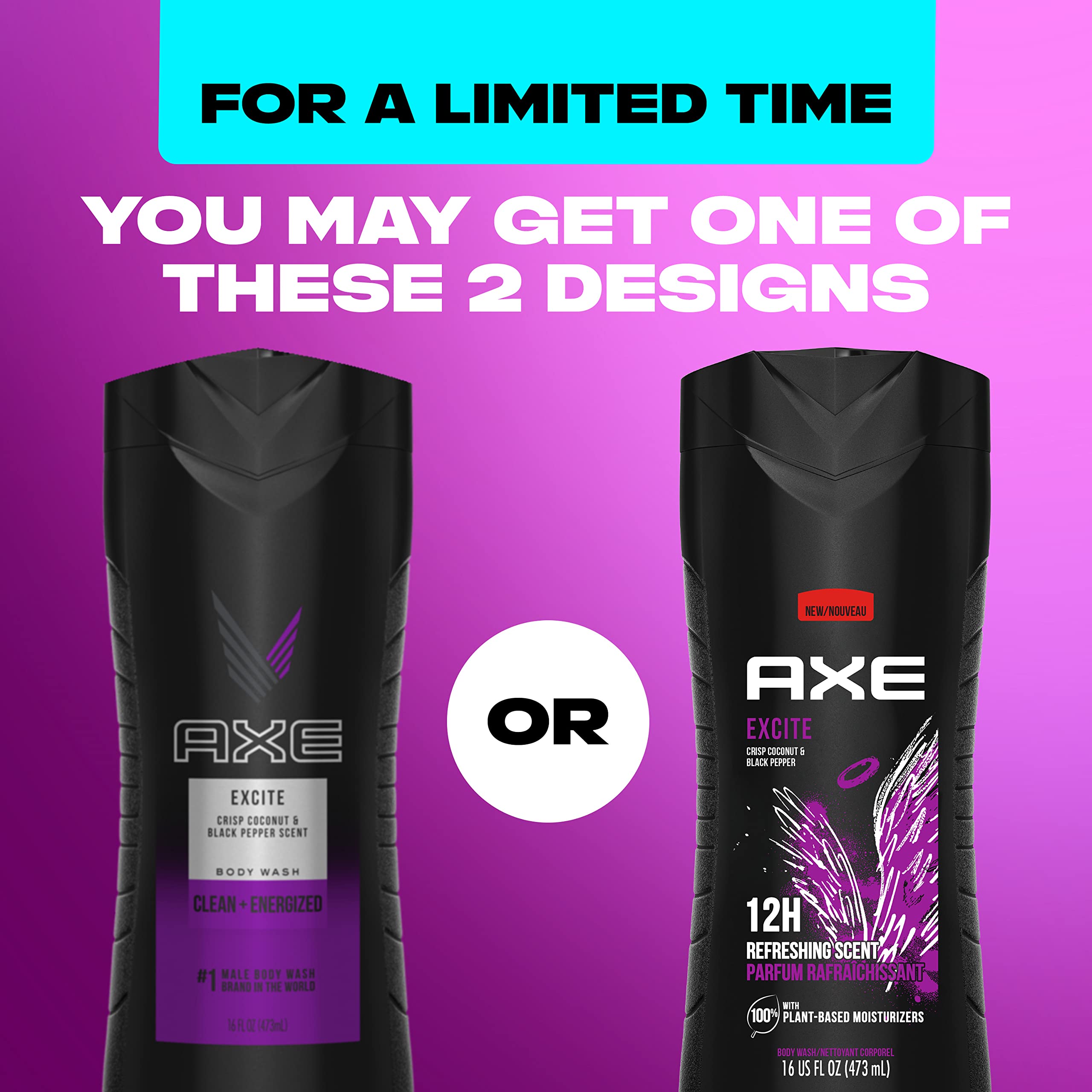 AXE Body Wash 12h Refreshing Scent Excite Crisp Coconut & Black Pepper, 16 oz