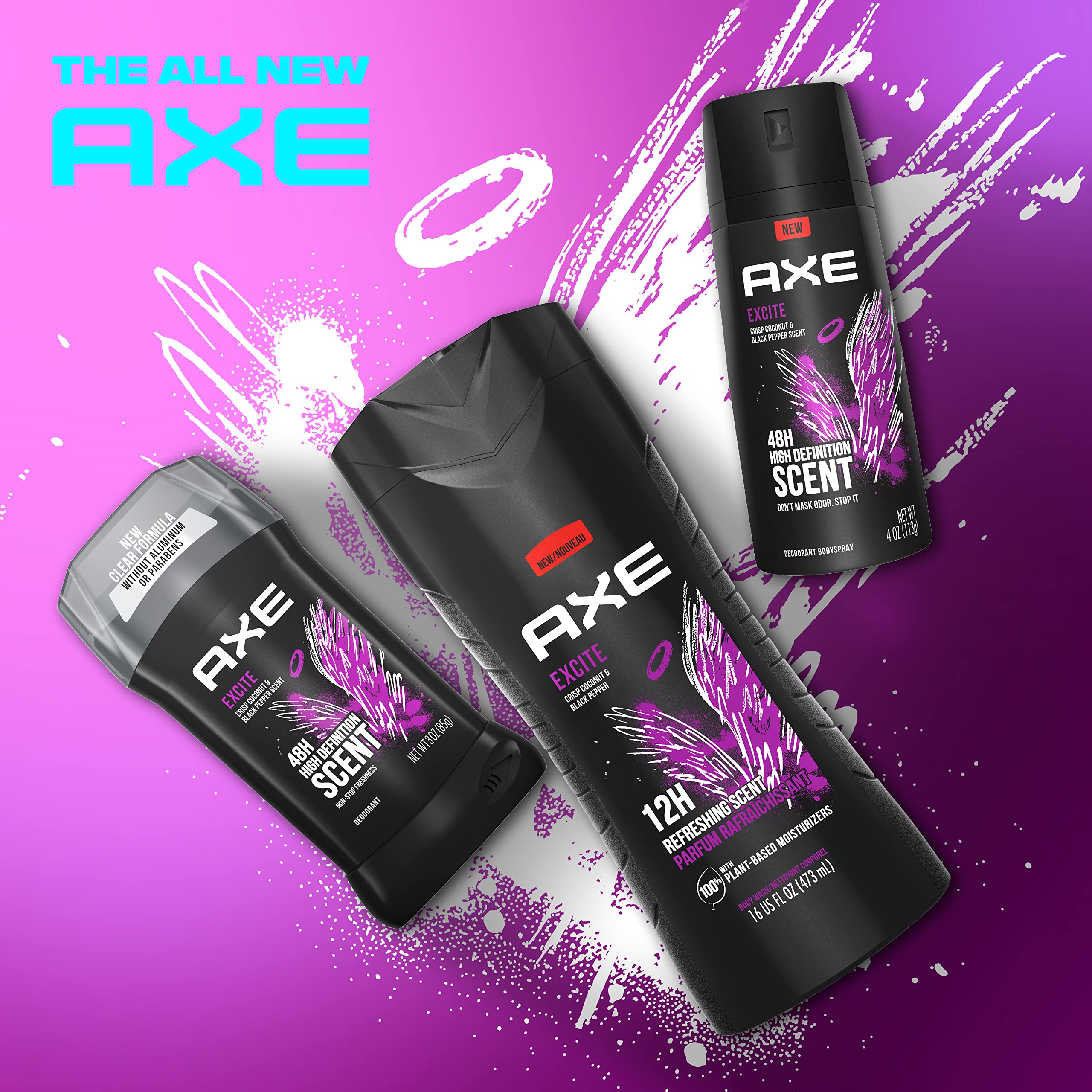 AXE Body Wash 12h Refreshing Scent Excite Crisp Coconut & Black Pepper, 16 oz