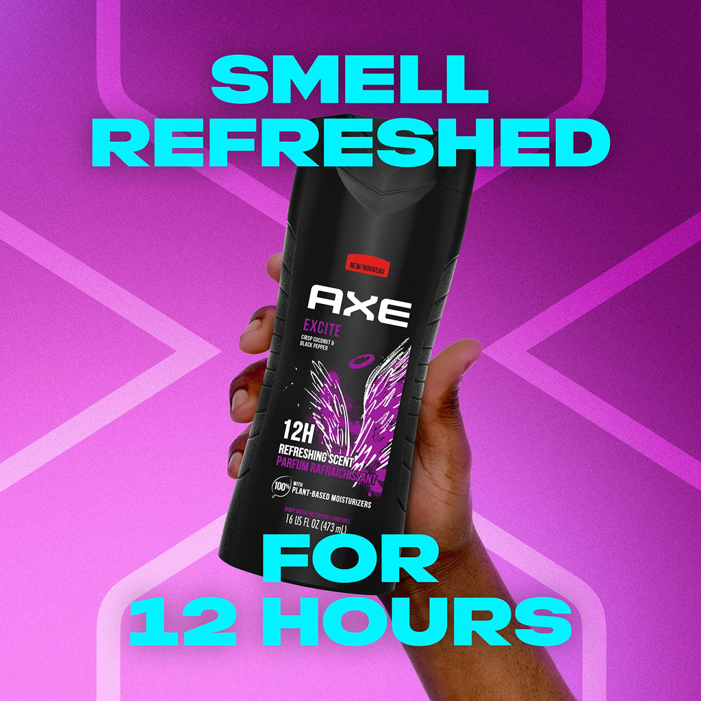 AXE Body Wash 12h Refreshing Scent Excite Crisp Coconut & Black Pepper, 16 oz
