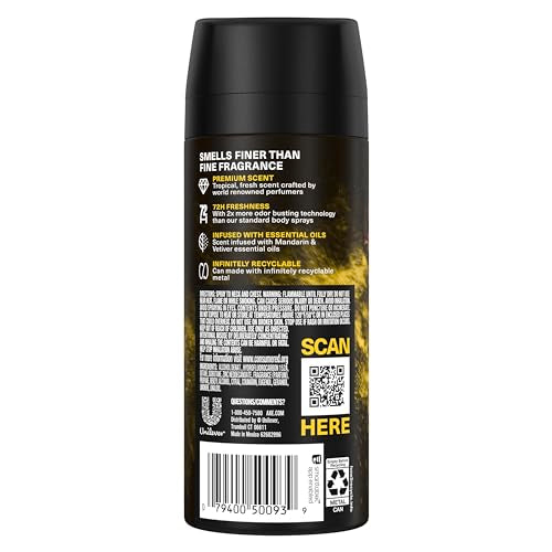 AXE Golden Mango Deodorant Body Spray – 3 Pack, 4 oz Each, 72H Odor Protection, Aluminum-Free