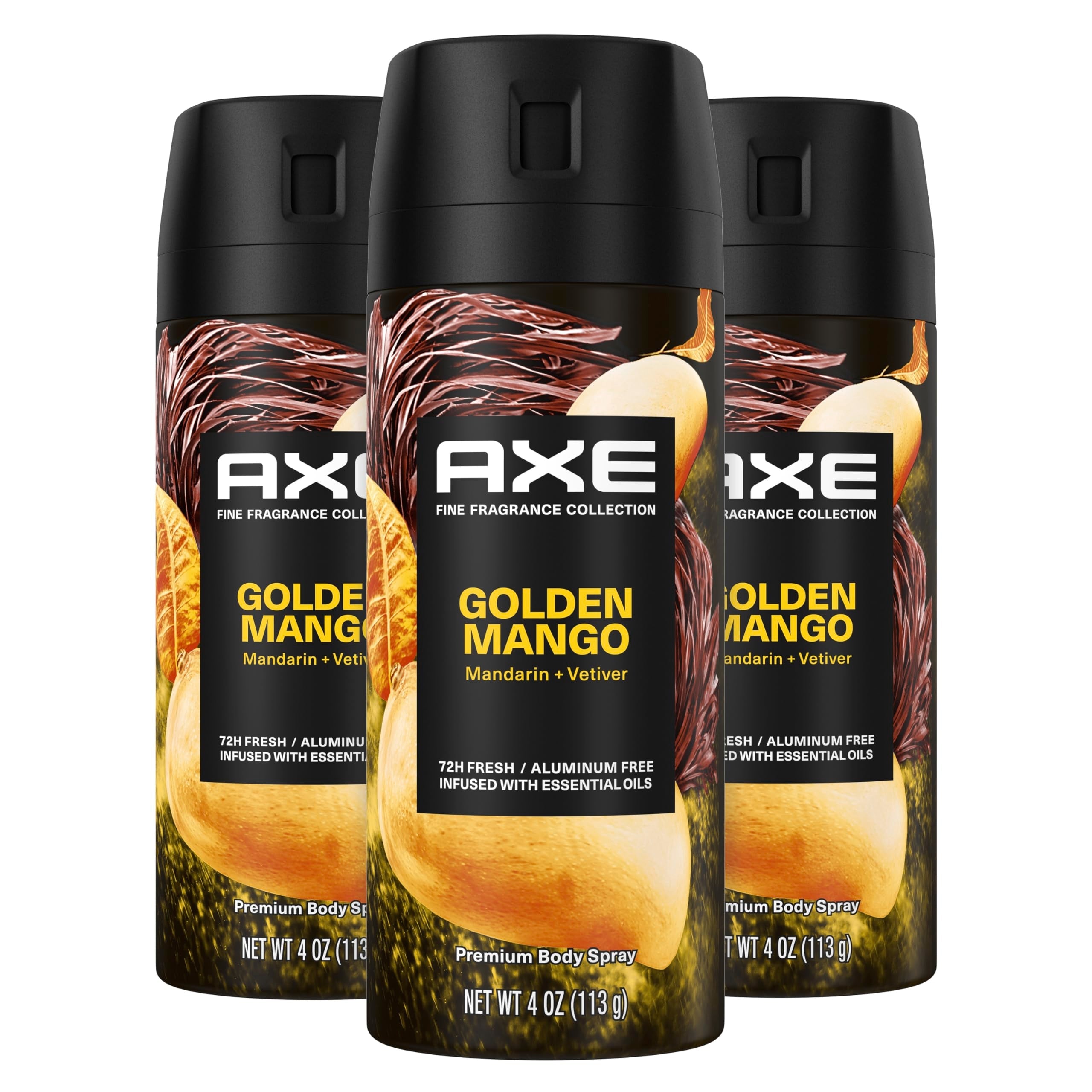 AXE Golden Mango Deodorant Body Spray – 3 Pack, 4 oz Each, 72H Odor Protection, Aluminum-Free