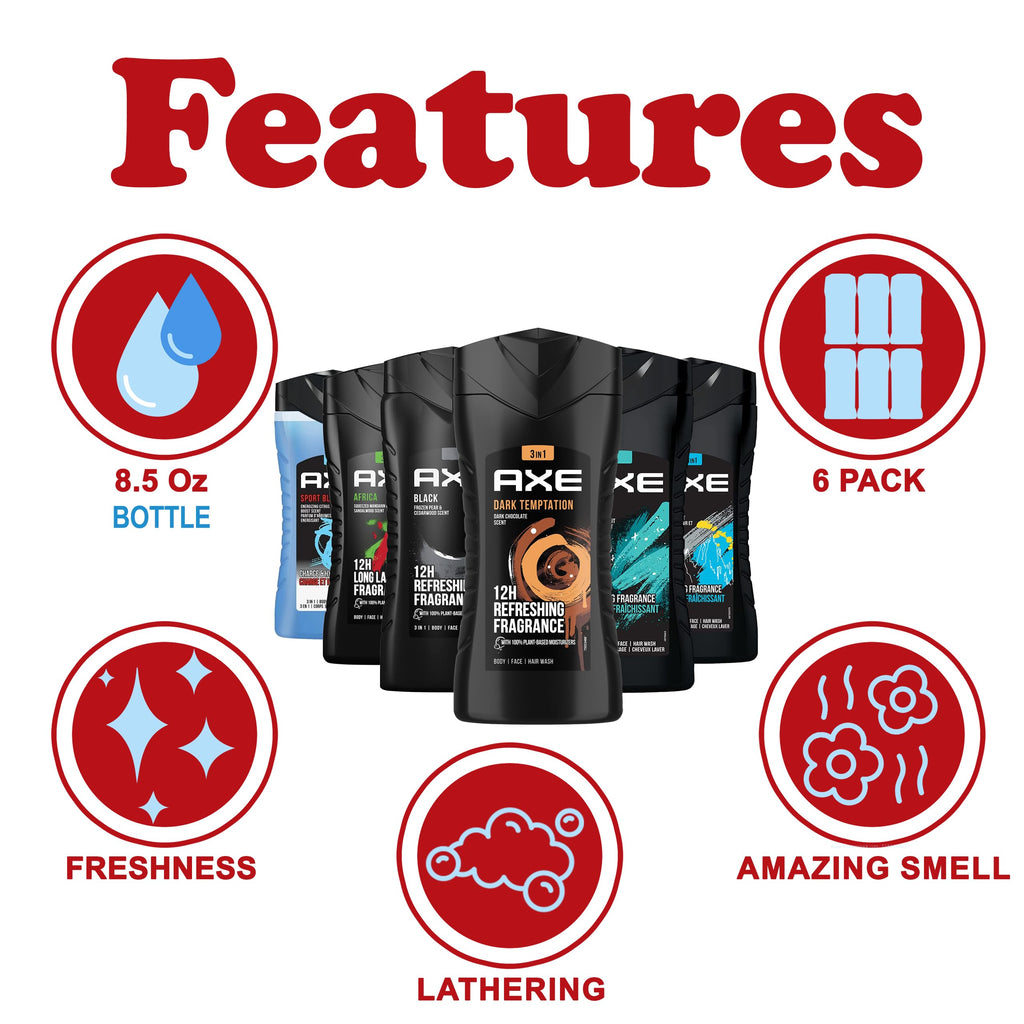 AXE Men's Body Wash Variety Set — 6 Pack, 8.5 oz Each, 3-in-1 Body, Face & Hair Wash
