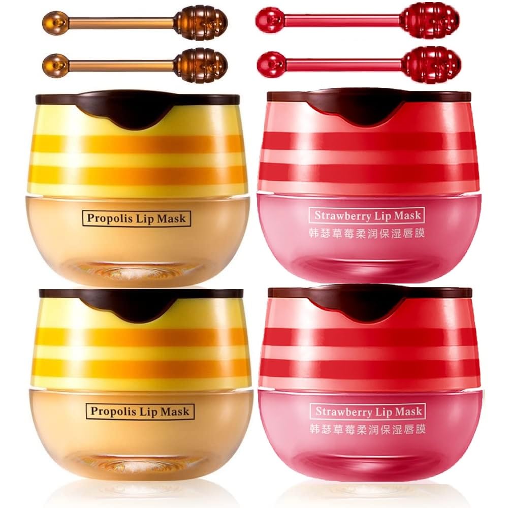 Axnzp 4-Piece Honey & Strawberry Lip Balm Pot Set – Moisturizing Lip Mask & Exfoliator