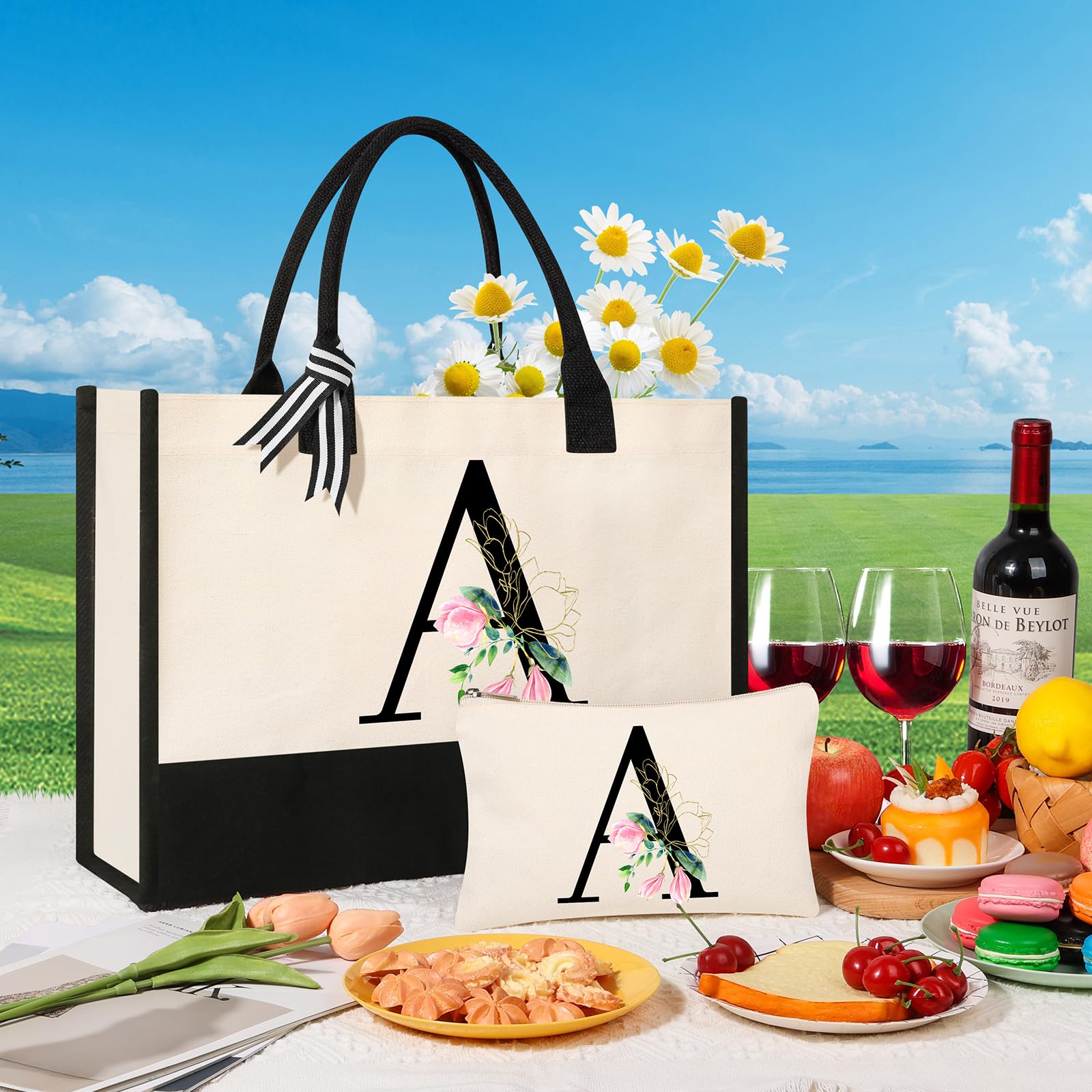 AYGE Personalized Initial Canvas Beach Tote – Monogrammed Gift Set for Women