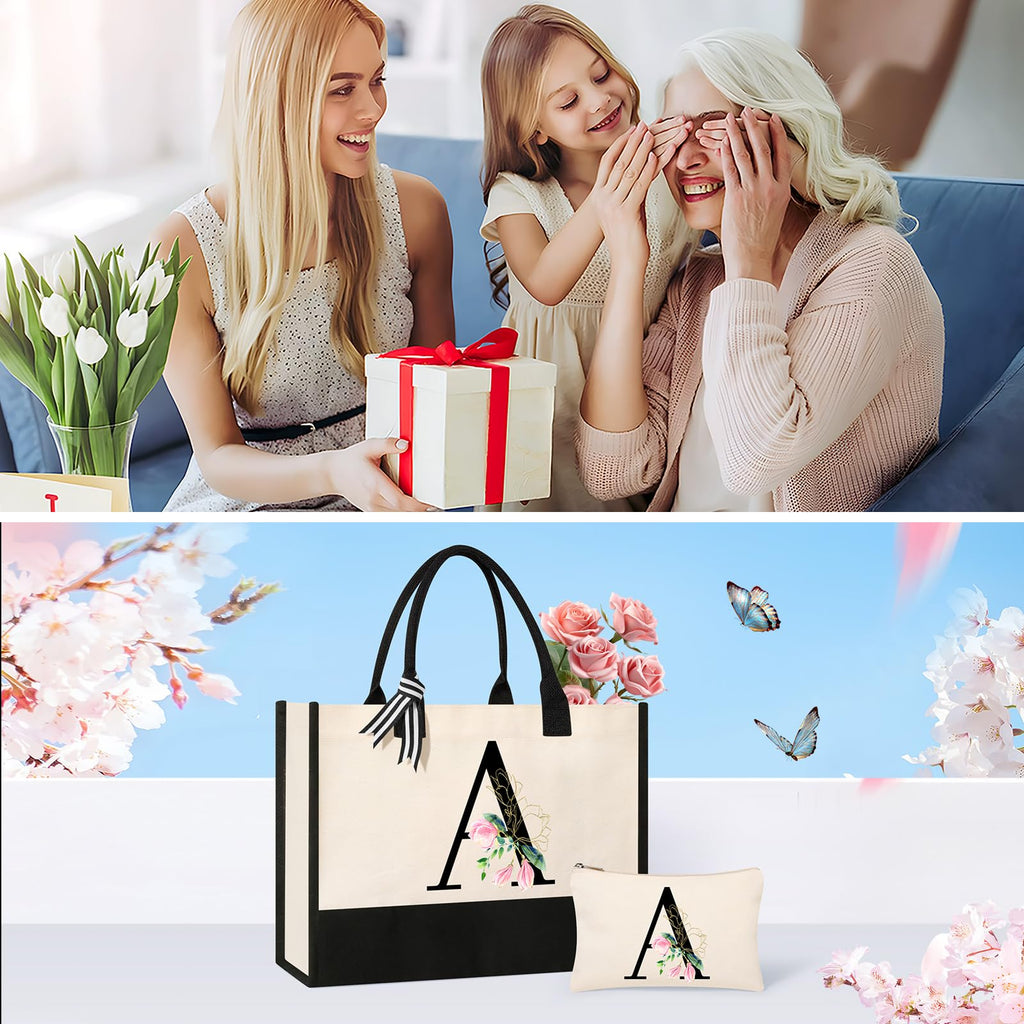 AYGE Personalized Initial Canvas Beach Tote – Monogrammed Gift Set for Women