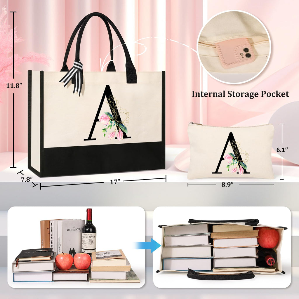 AYGE Personalized Initial Canvas Beach Tote – Monogrammed Gift Set for Women