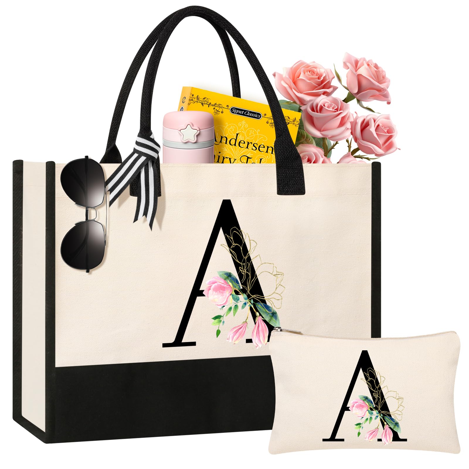 AYGE Personalized Initial Canvas Beach Tote – Monogrammed Gift Set for Women
