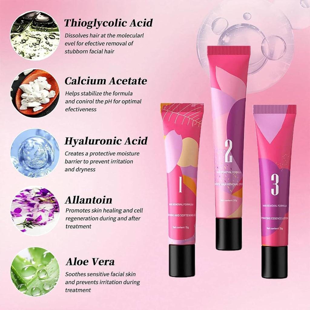 Ayland Hair Remover Cream for Face – Gentle 3-Step Kit with Gel & Hydration Lotion
