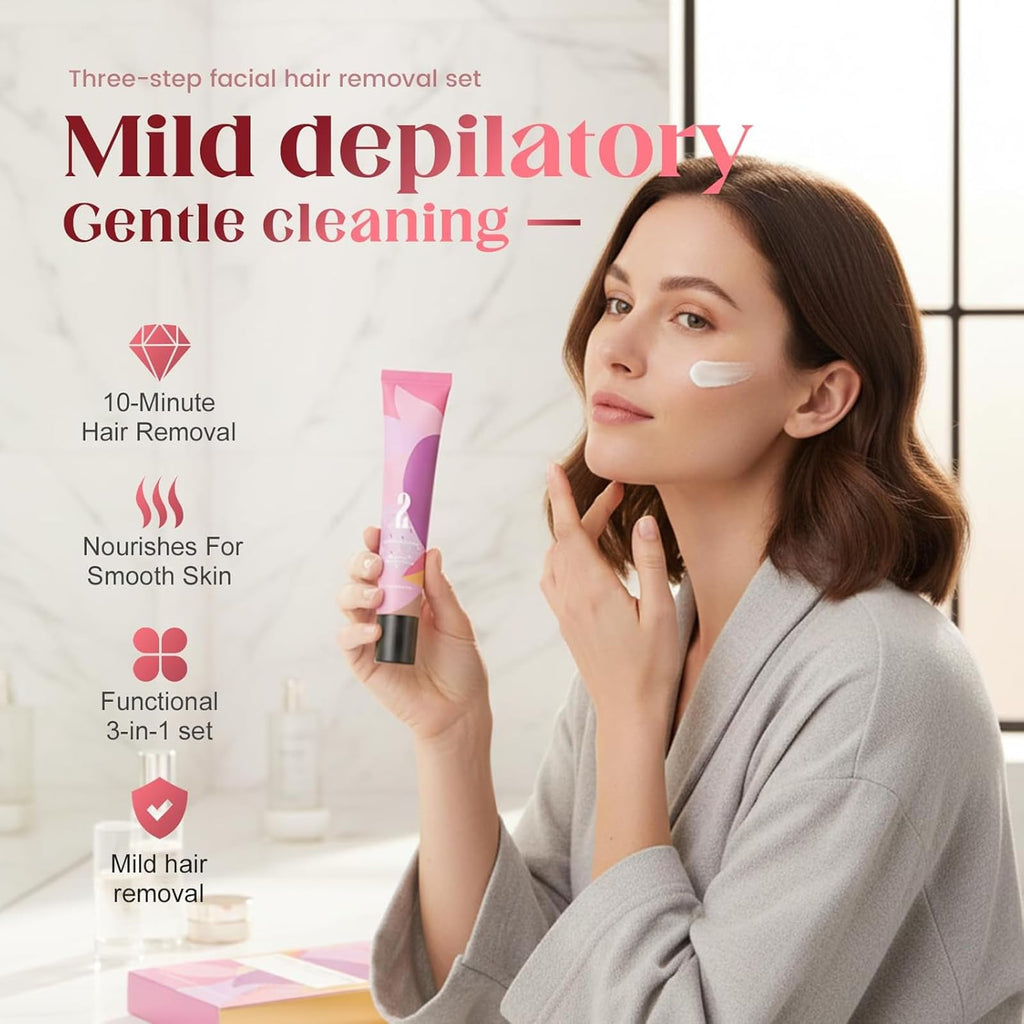 Ayland Hair Remover Cream for Face – Gentle 3-Step Kit with Gel & Hydration Lotion