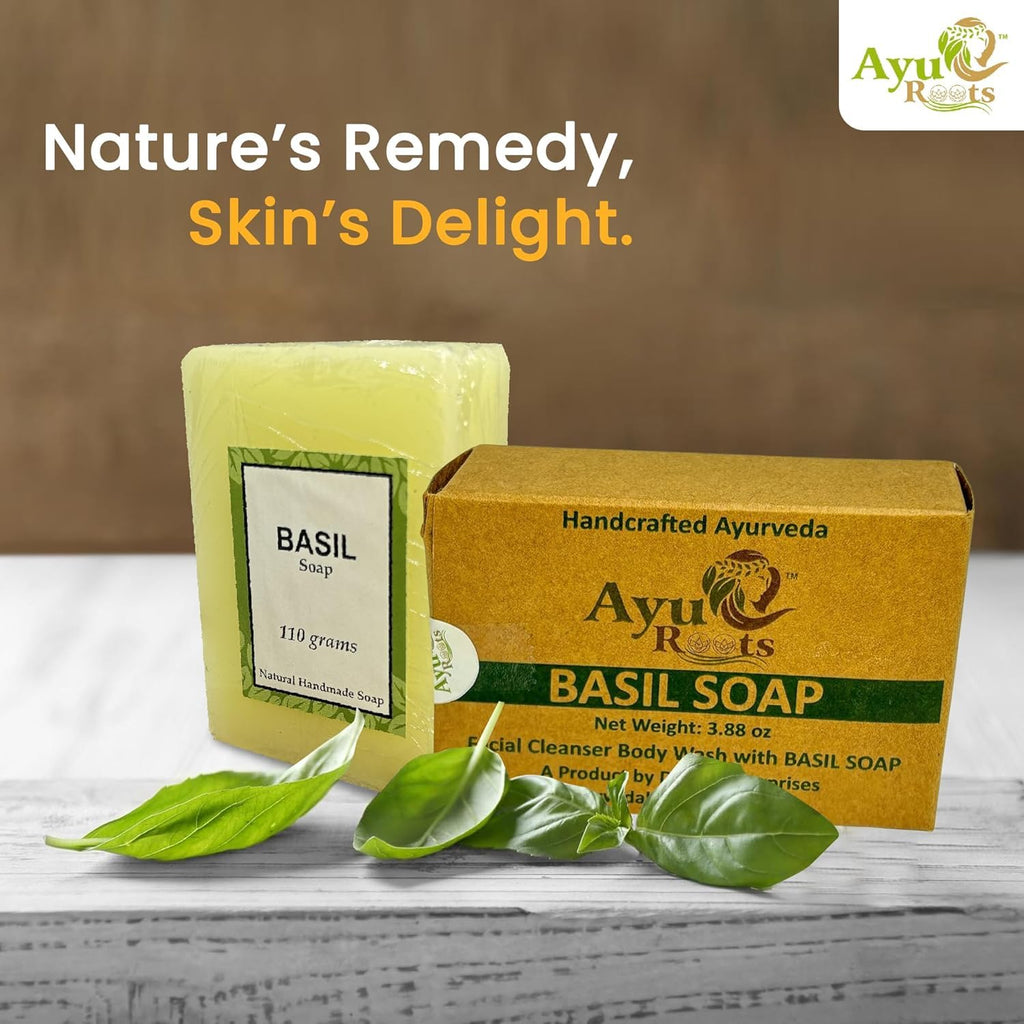 AyuRoots Ayurvedic Basil Soap Bar – Handmade Vegan Face & Body Soap (3.88 oz)