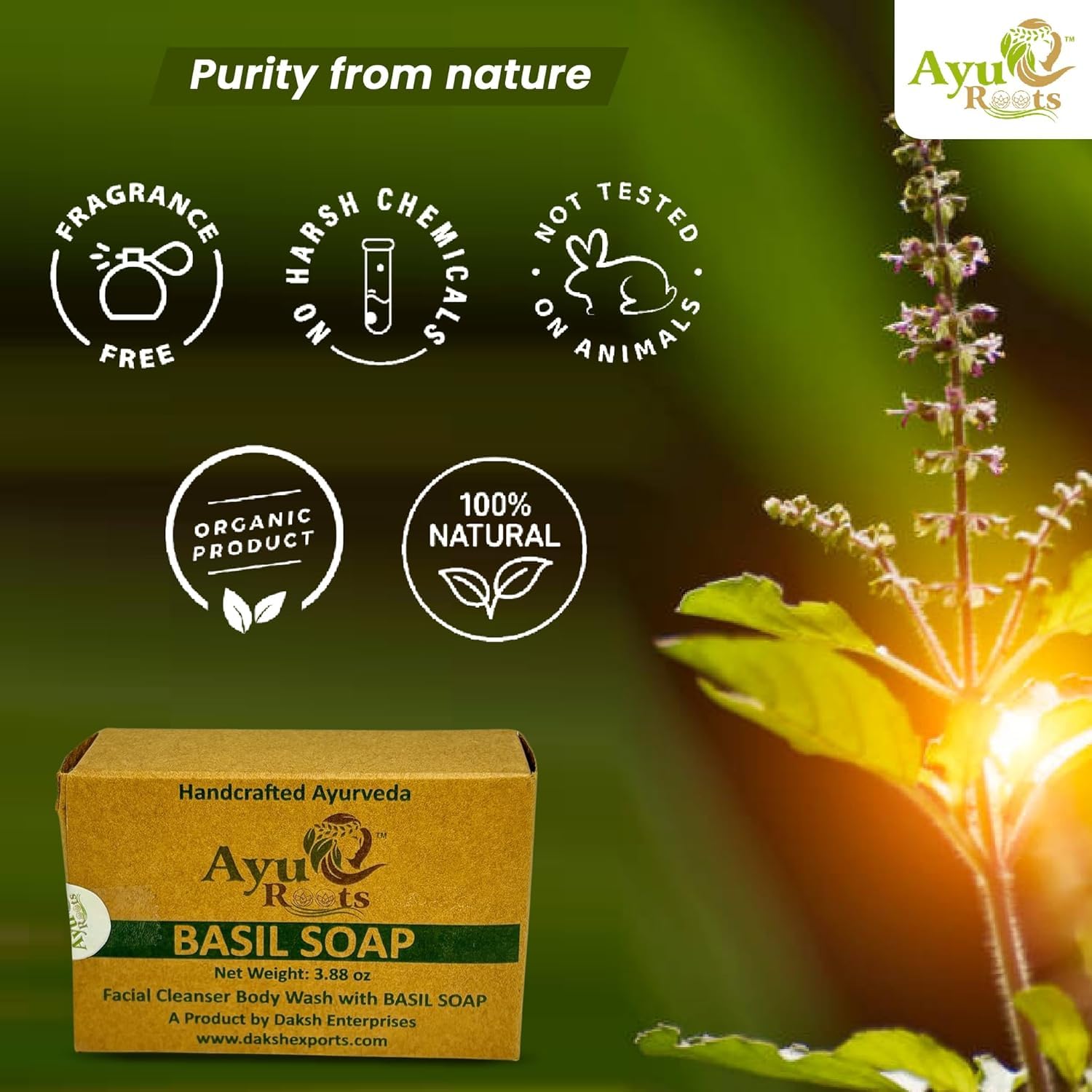 AyuRoots Ayurvedic Basil Soap Bar – Handmade Vegan Face & Body Soap (3.88 oz)