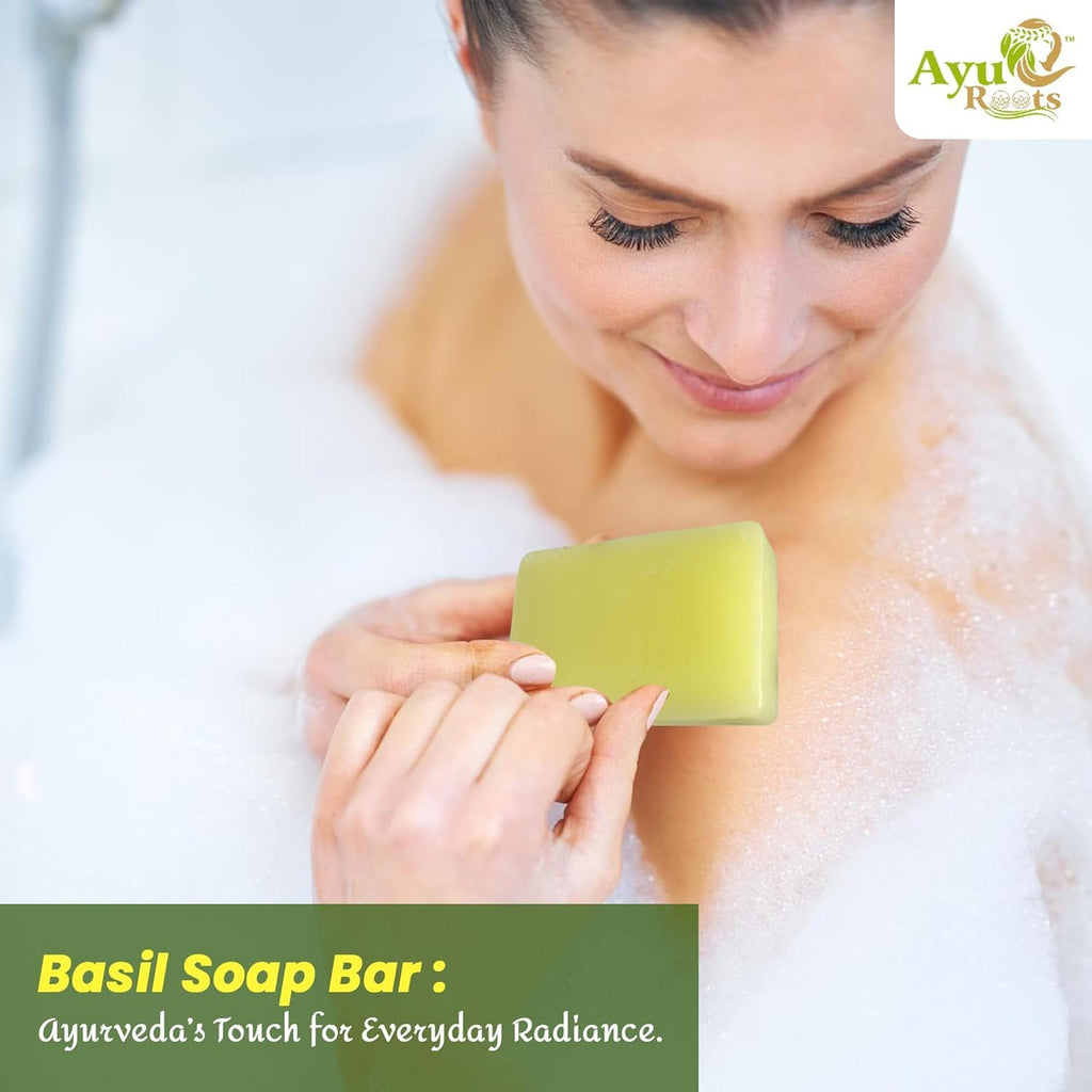 AyuRoots Ayurvedic Basil Soap Bar – Handmade Vegan Face & Body Soap (3.88 oz)