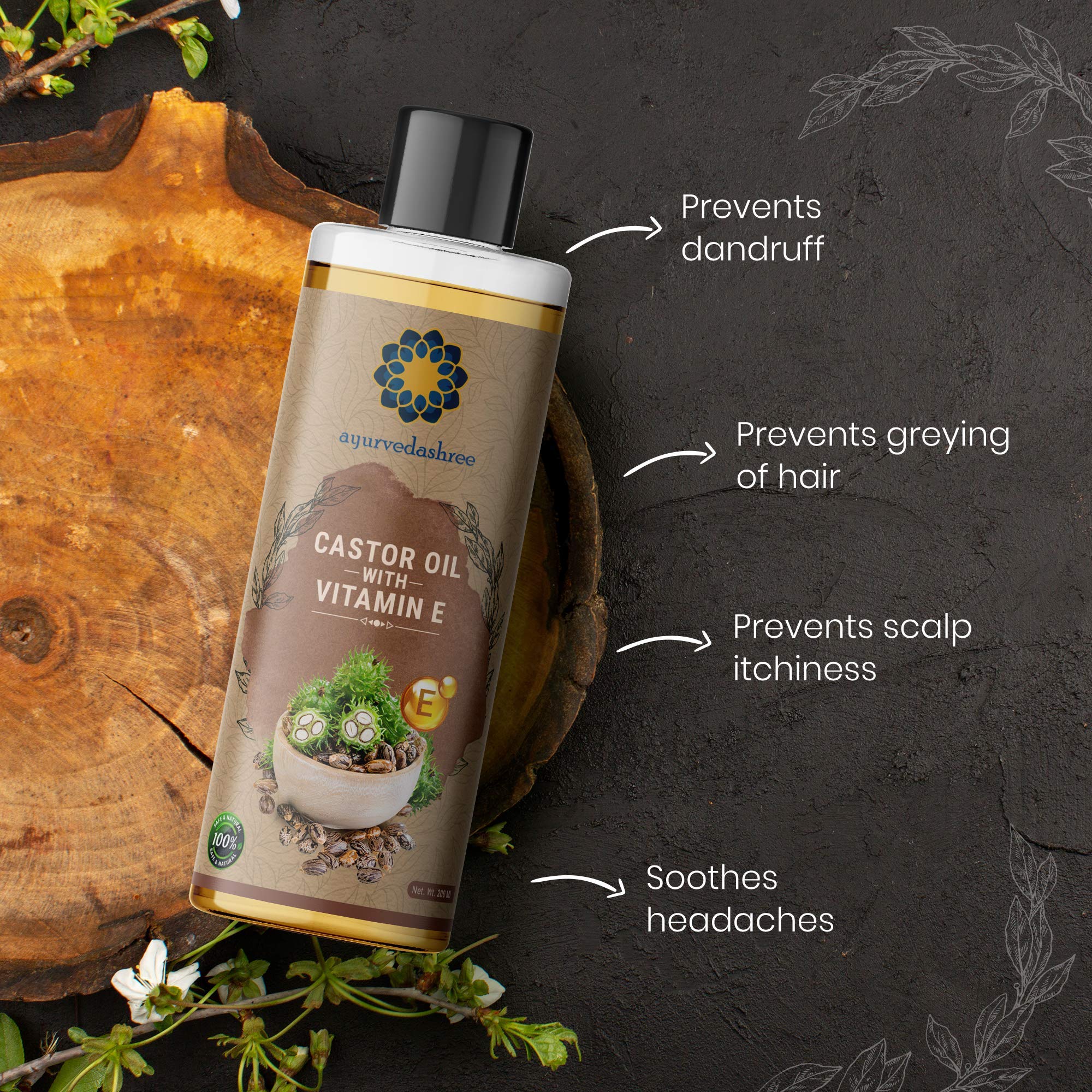 AYURVEDASHREE 100% Pure Cold-Pressed Castor Oil with Vitamin E – 200 ml