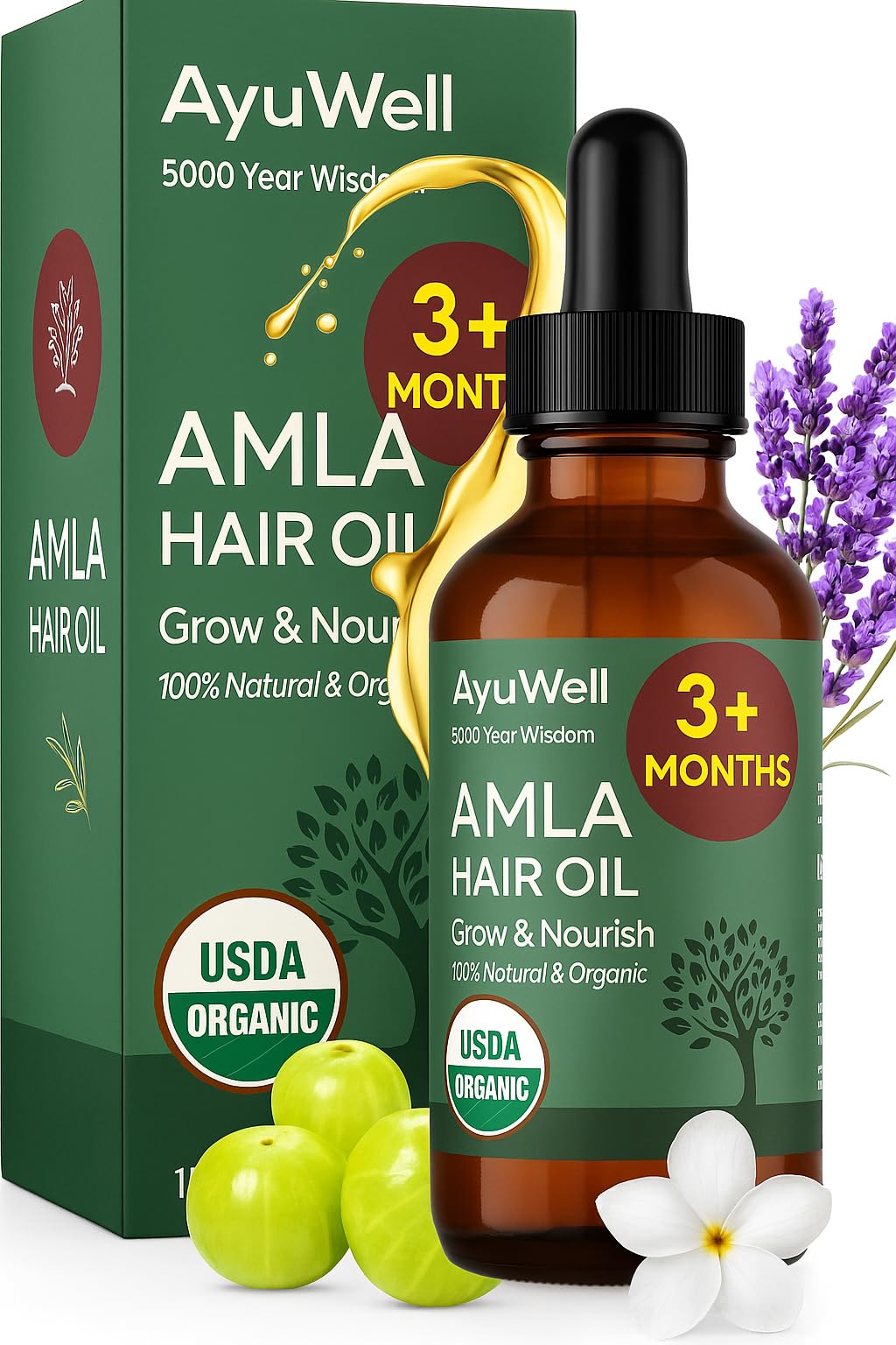 Ayuwell Ayurvedic Hair Oil — USDA Organic Amla Blend for All Hair Types, 2 oz