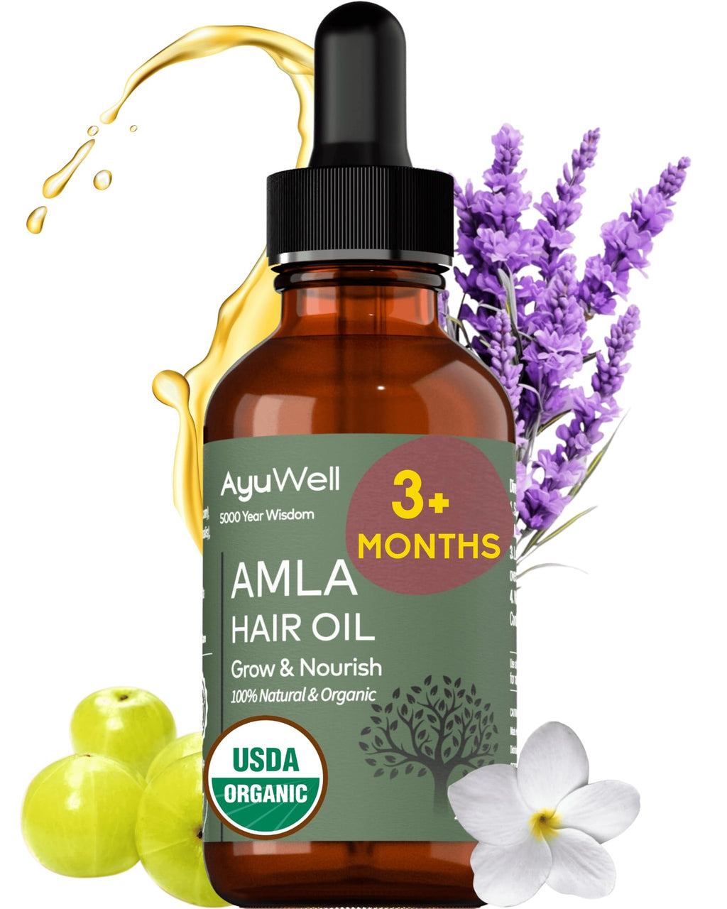Ayuwell Ayurvedic Hair Oil — USDA Organic Amla Blend for All Hair Types, 2 oz
