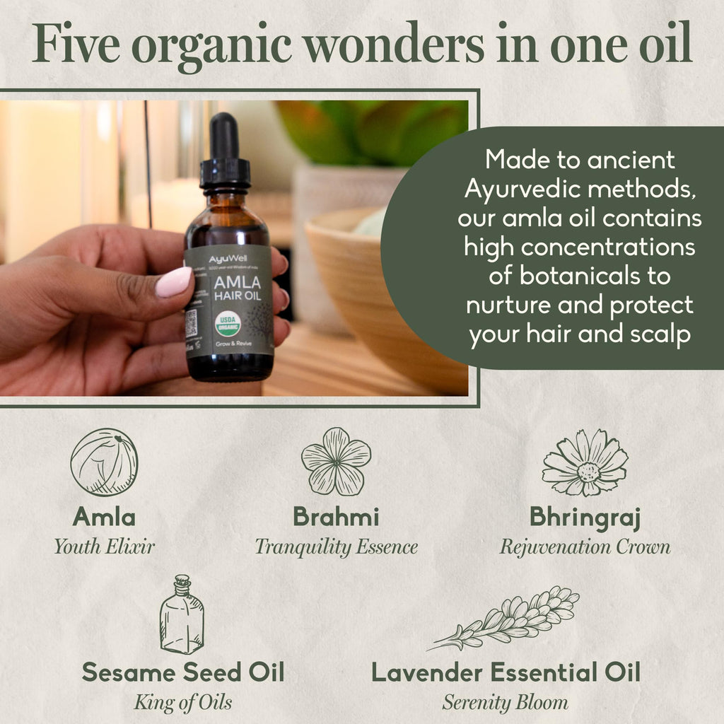 Ayuwell Ayurvedic Hair Oil — USDA Organic Amla Blend for All Hair Types, 2 oz