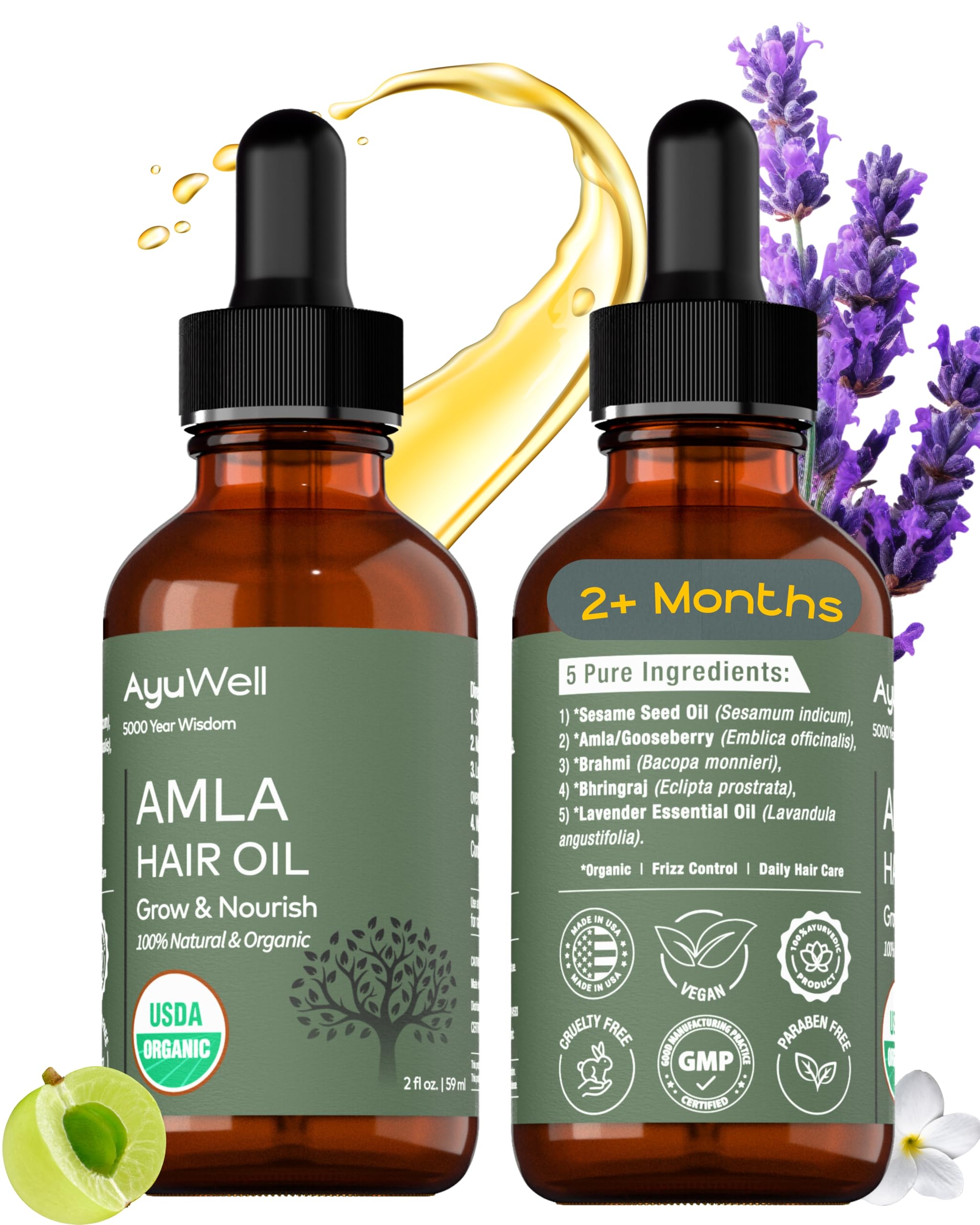Ayuwell Ayurvedic Hair Oil — USDA Organic Amla Blend for All Hair Types, 2 oz