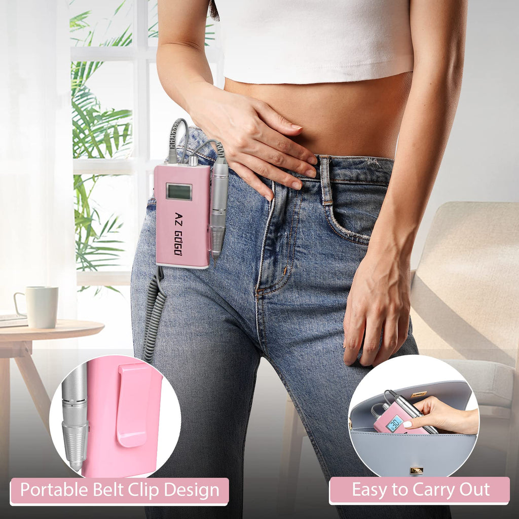 AZ GOGO 30000RPM Rechargeable Nail Drill – Cordless Portable with LCD Display (Pink)