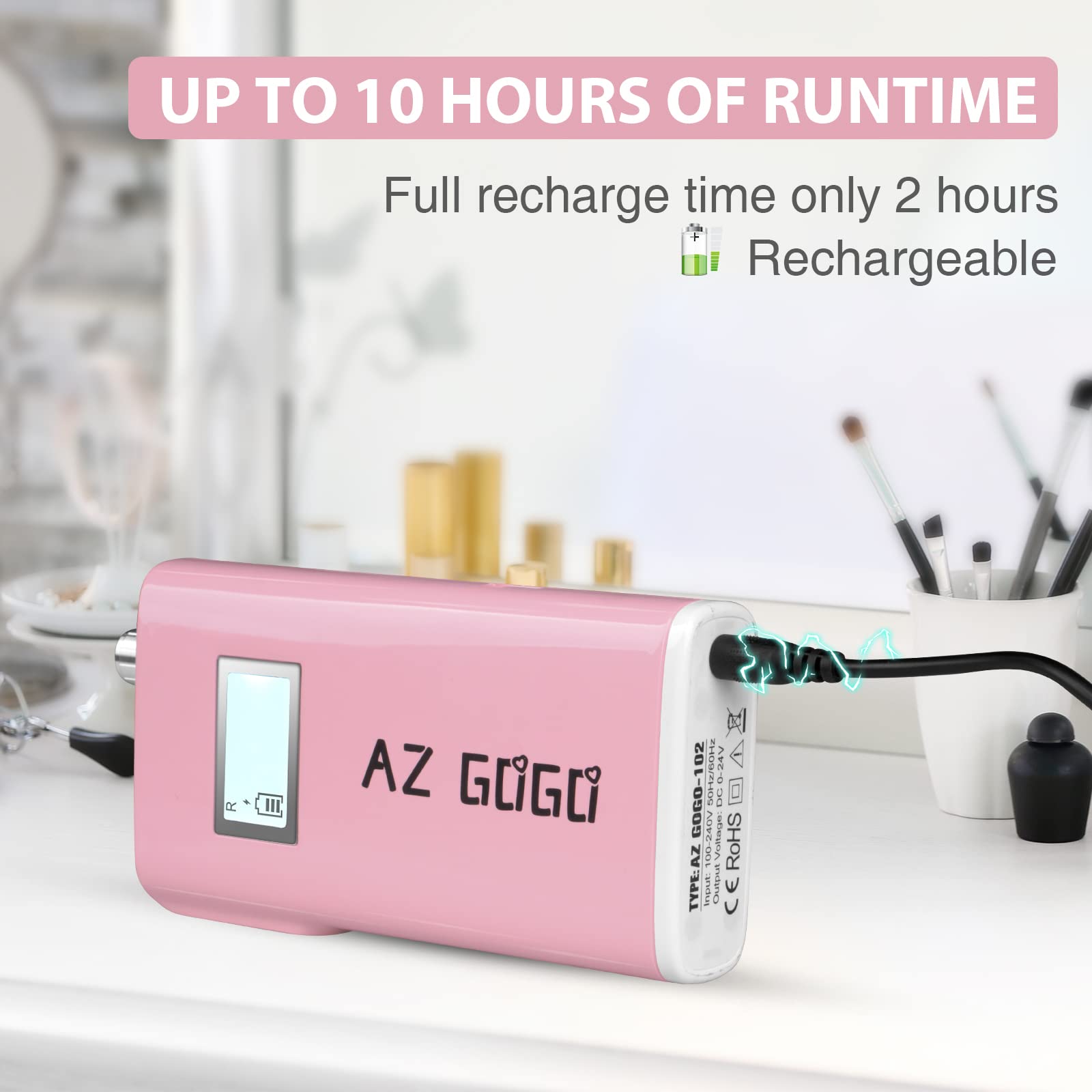 AZ GOGO 30000RPM Rechargeable Nail Drill – Cordless Portable with LCD Display (Pink)