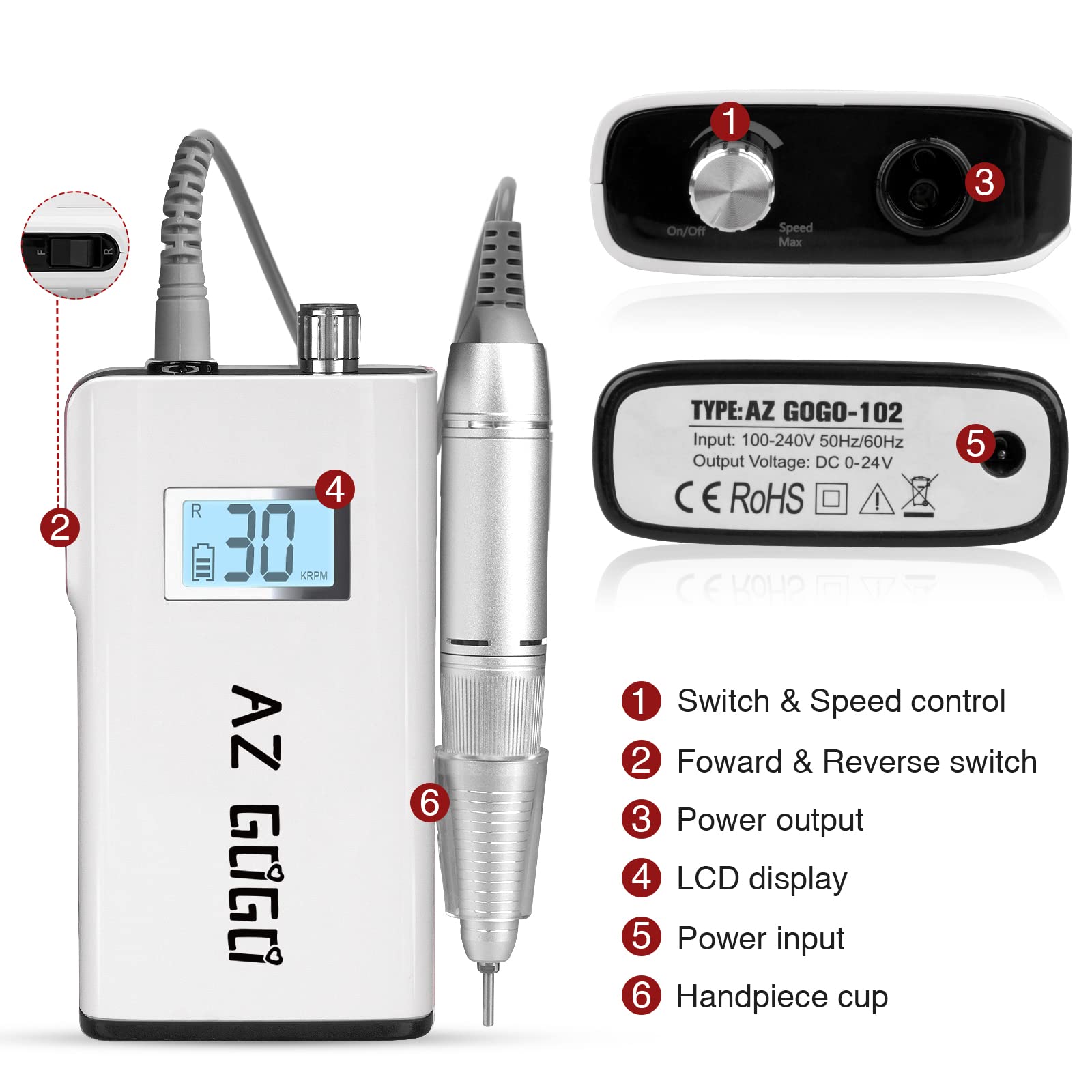 AZ GOGO Nail Drill Machine 30000RPM – Rechargeable Portable for Acrylic & Gel Nails