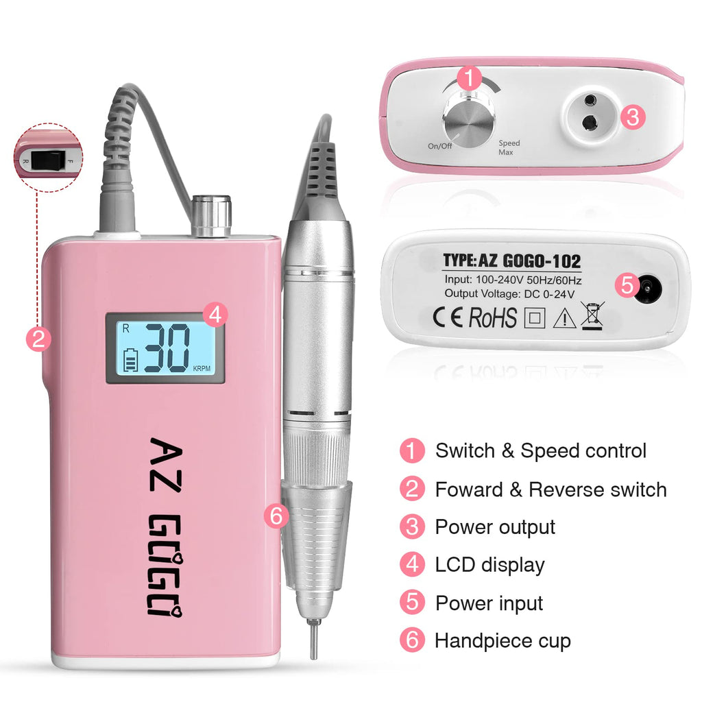 AZ GOGO 30000RPM Rechargeable Nail Drill – Cordless Portable with LCD Display (Pink)