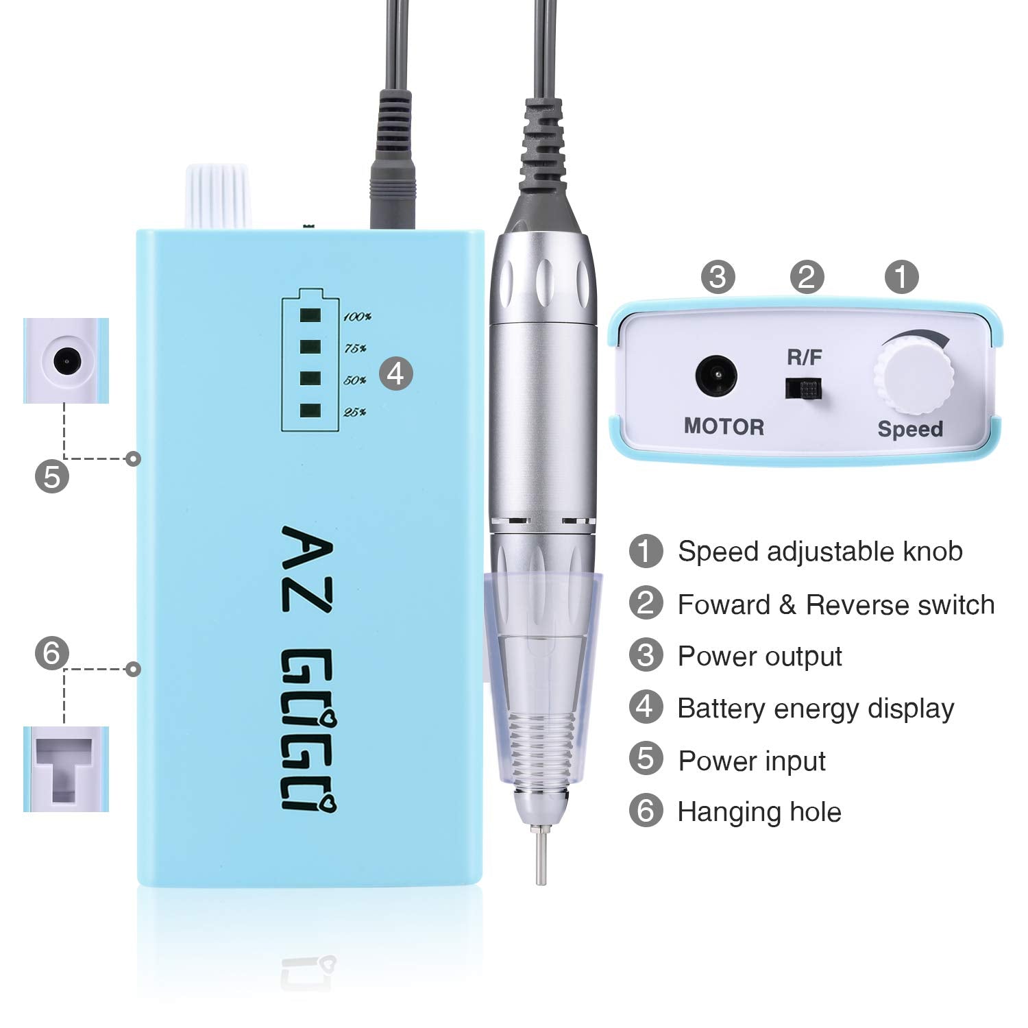 AZ GOGO 30000RPM Portable Nail Drill - Rechargeable Efile for Acrylic & Gel Nails (Blue)