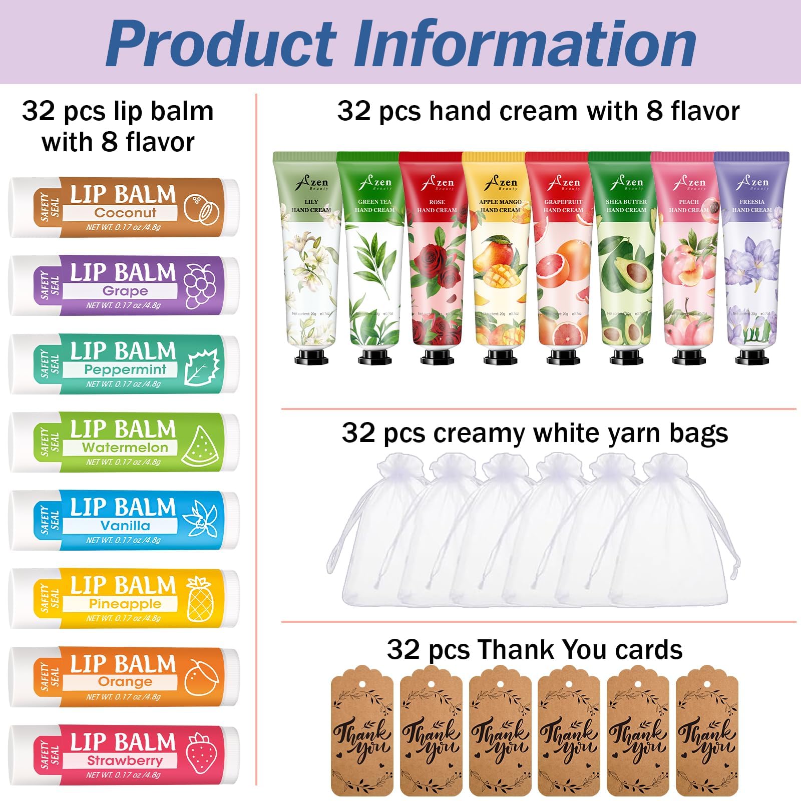 AZEN 32 Sets Bulk Gifts – Hand Cream & Lip Balm with Organza Bags & Thank You Cards