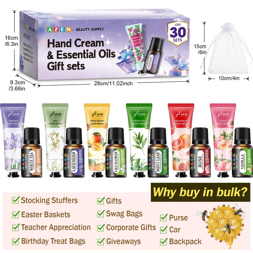 AZEN 30 Sets Bulk Gifts – Hand Cream & Essential Oils Gift Set for Guests & Weddings