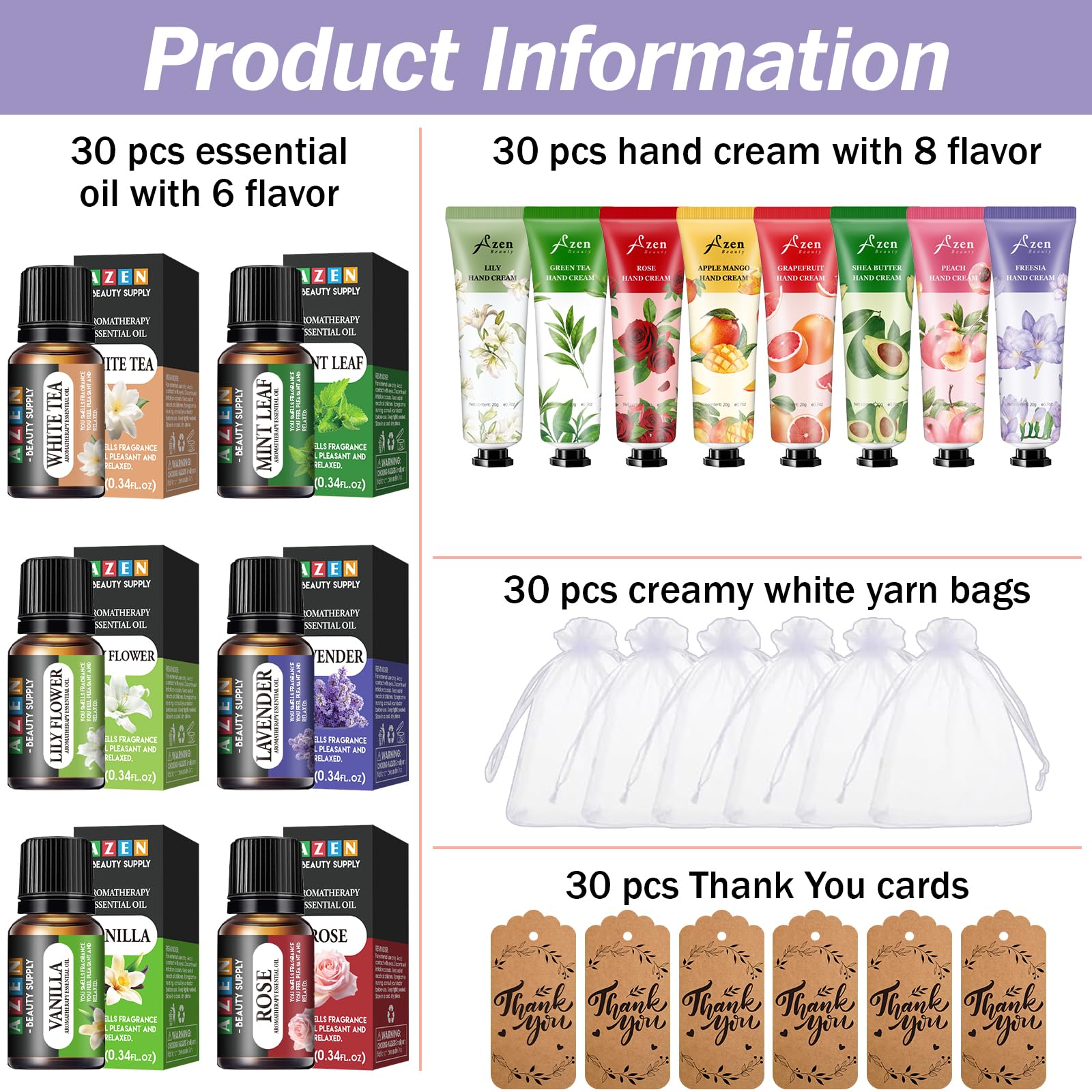AZEN 30 Sets Bulk Gifts – Hand Cream & Essential Oils Gift Set for Guests & Weddings