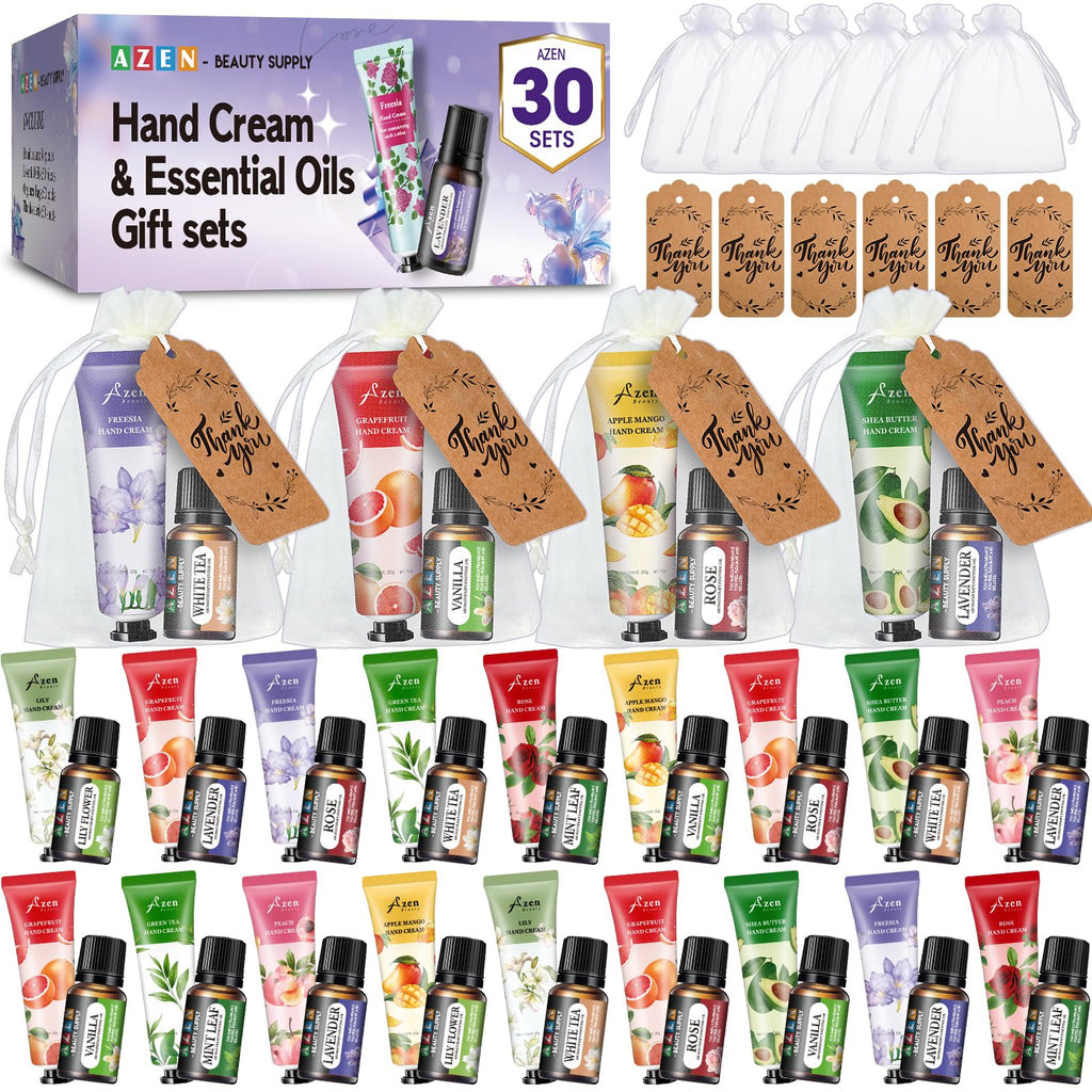 AZEN 30 Sets Bulk Gifts – Hand Cream & Essential Oils Gift Set for Guests & Weddings