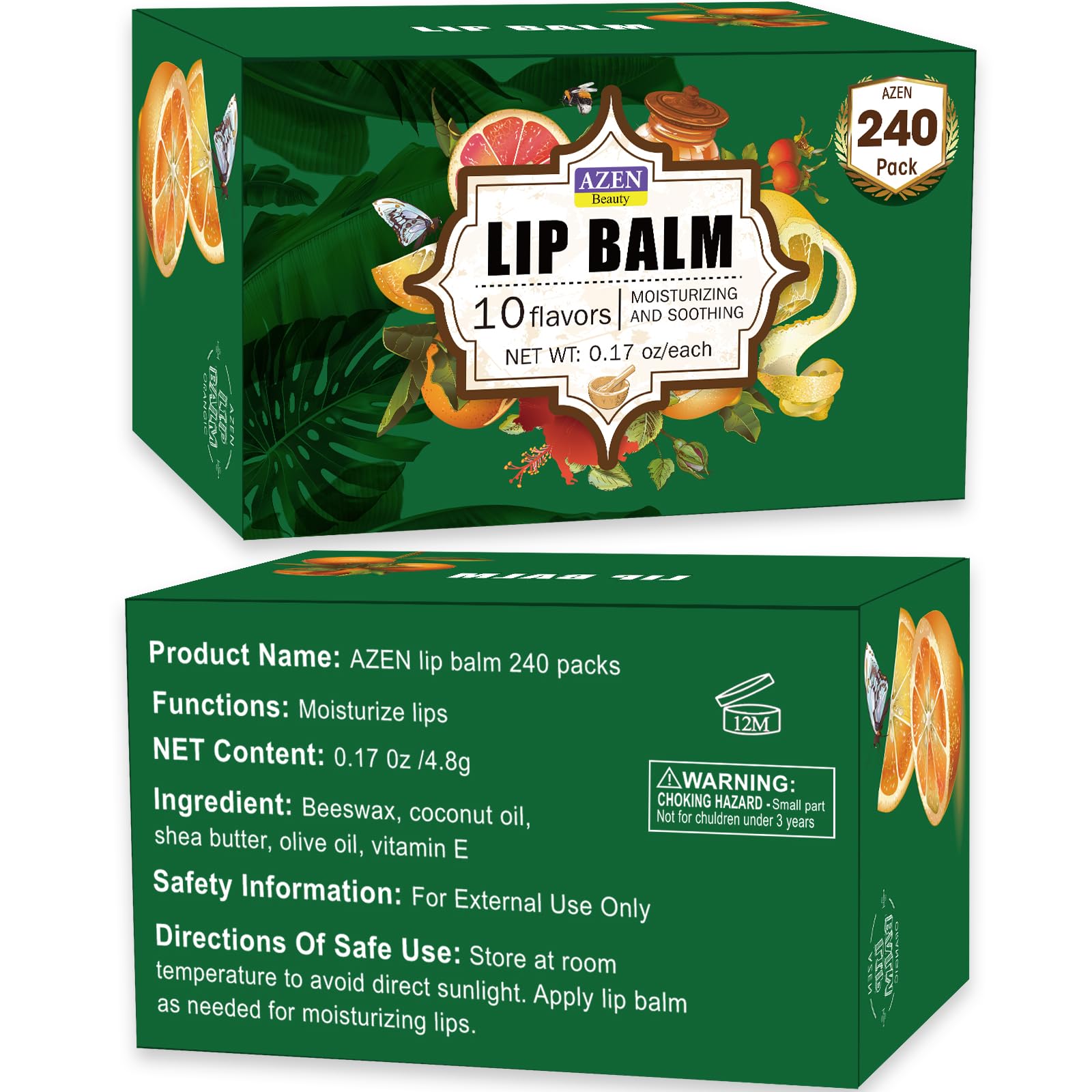 AZEN 240 Pack Lip Balm – Natural, Paraben- and Phthalate-Free Bulk Lip Care with 10 Flavors, Gift Set