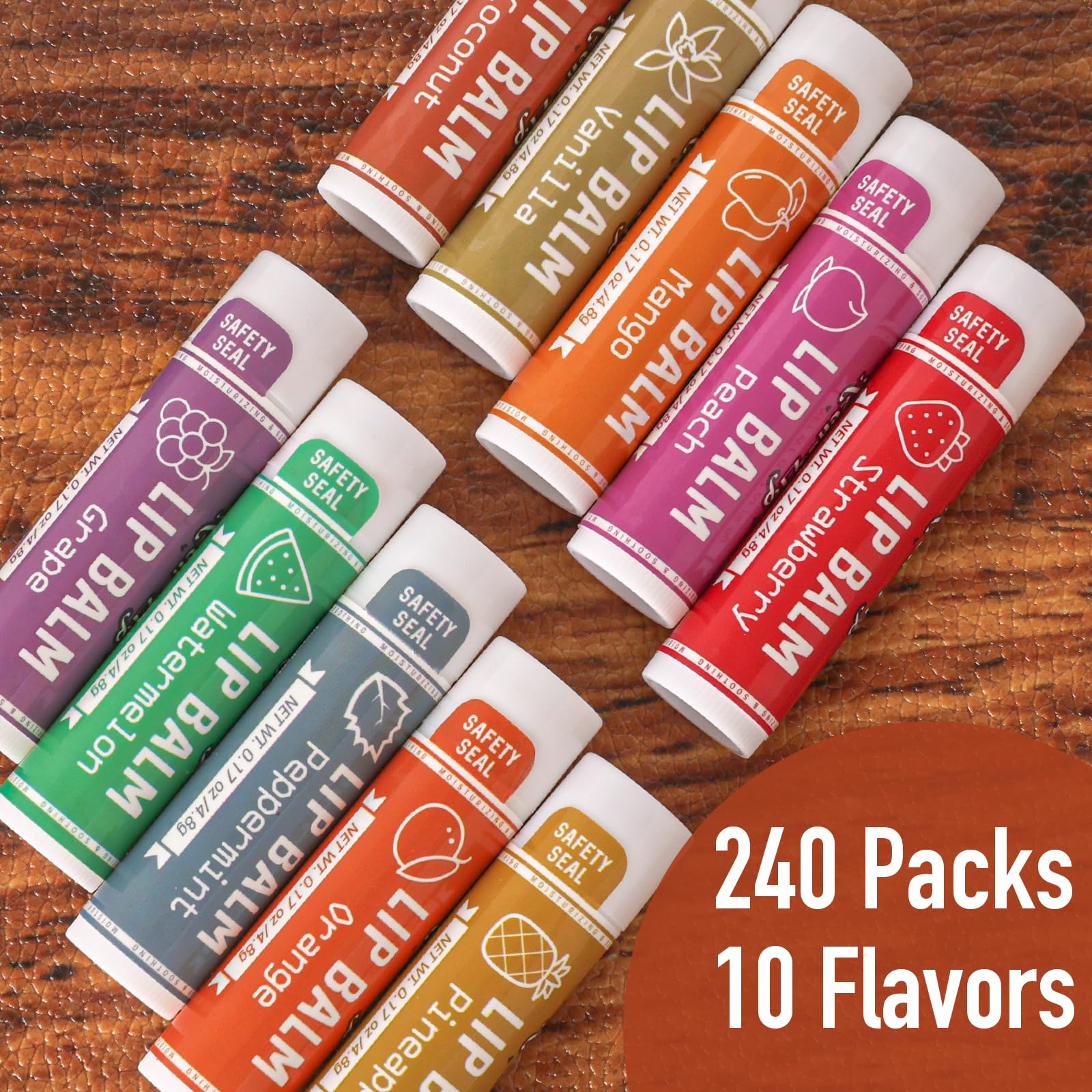 AZEN 240 Pack Lip Balm – Natural, Paraben- and Phthalate-Free Bulk Lip Care with 10 Flavors, Gift Set