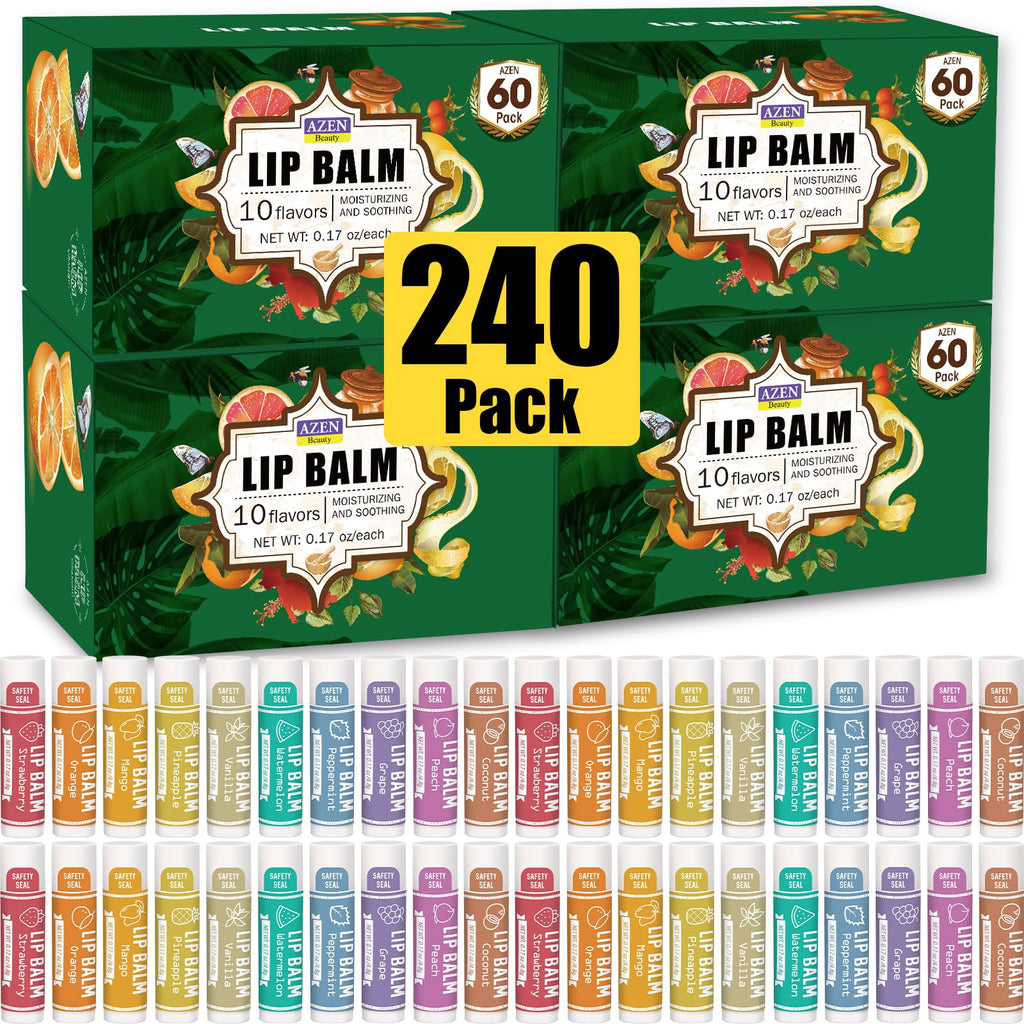 AZEN 240 Pack Lip Balm – Natural, Paraben- and Phthalate-Free Bulk Lip Care with 10 Flavors, Gift Set