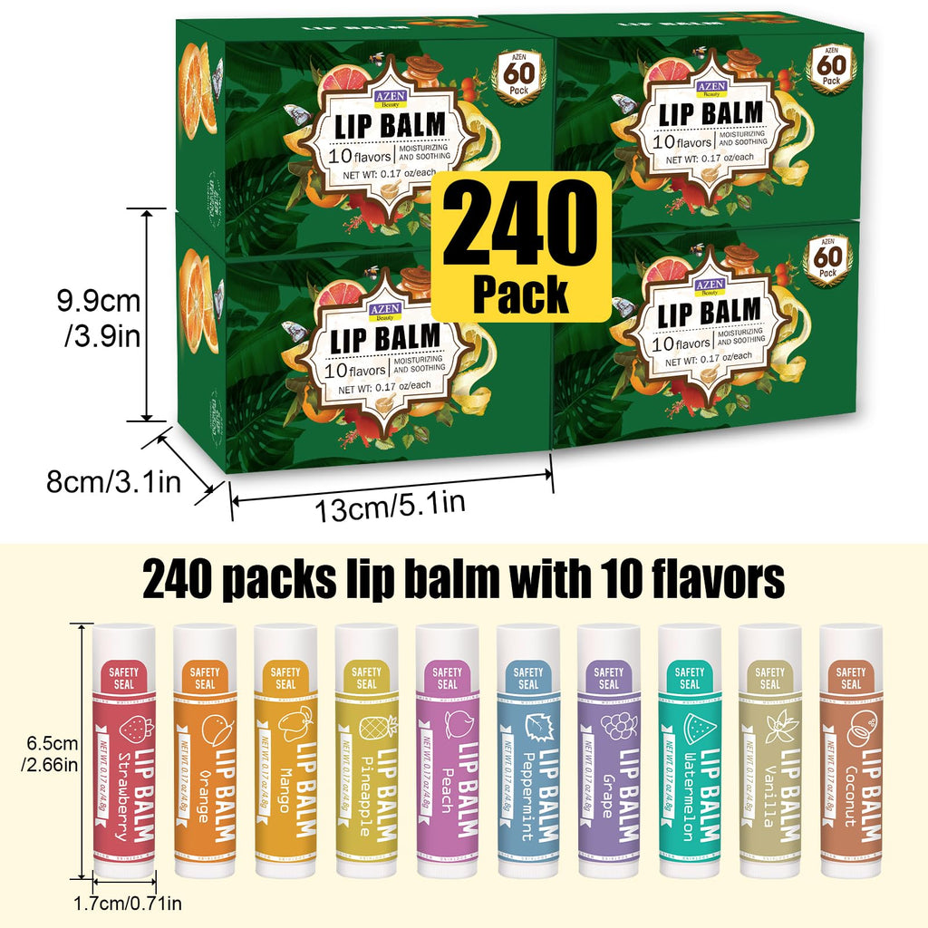 AZEN 240 Pack Lip Balm – Natural, Paraben- and Phthalate-Free Bulk Lip Care with 10 Flavors, Gift Set