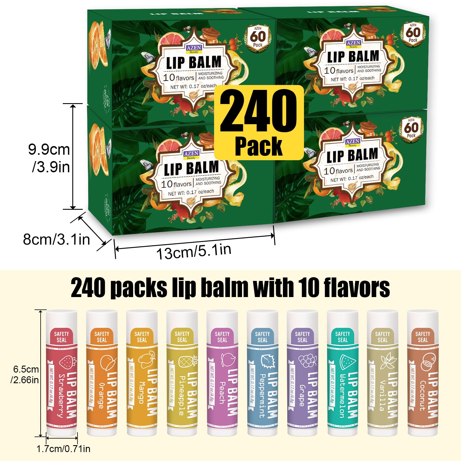 AZEN 240 Pack Lip Balm – Natural, Paraben- and Phthalate-Free Bulk Lip Care with 10 Flavors, Gift Set