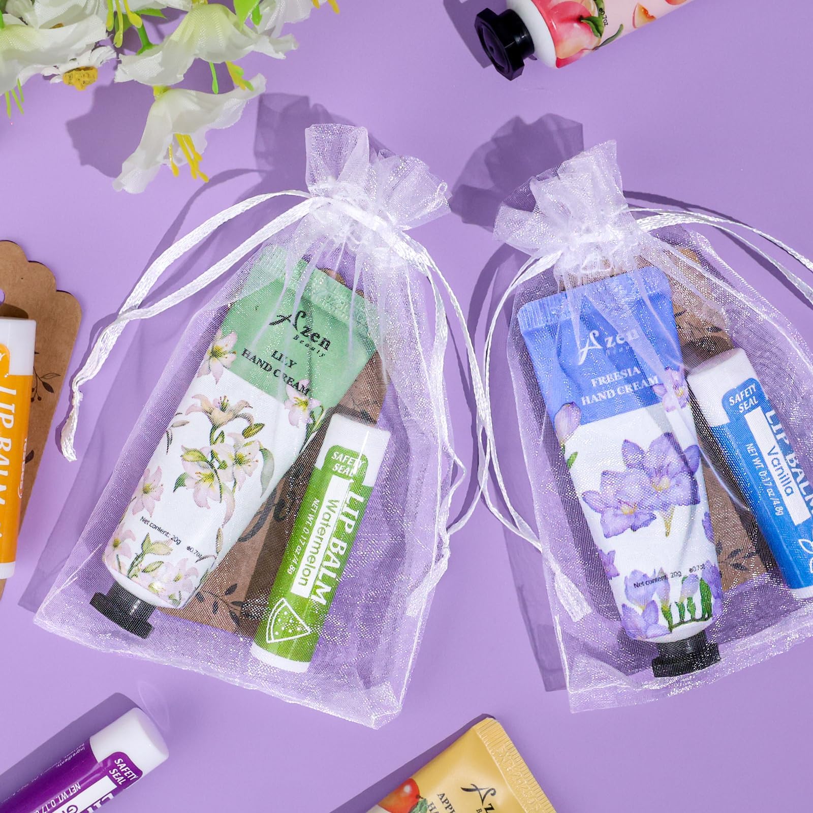 AZEN 32 Sets Bulk Gifts – Hand Cream & Lip Balm with Organza Bags & Thank You Cards