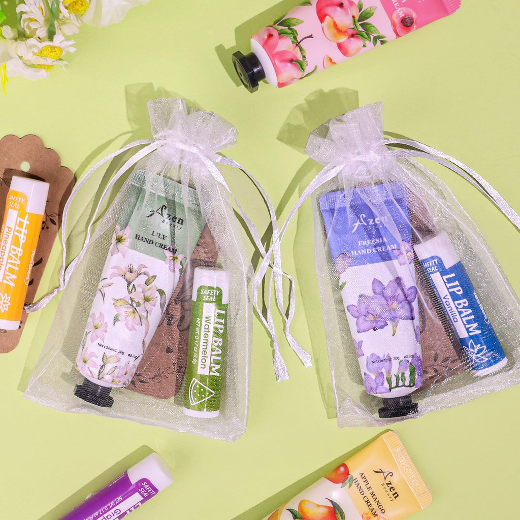 AZEN 32 Sets Bulk Gifts – Hand Cream & Lip Balm with Organza Bags & Thank You Cards