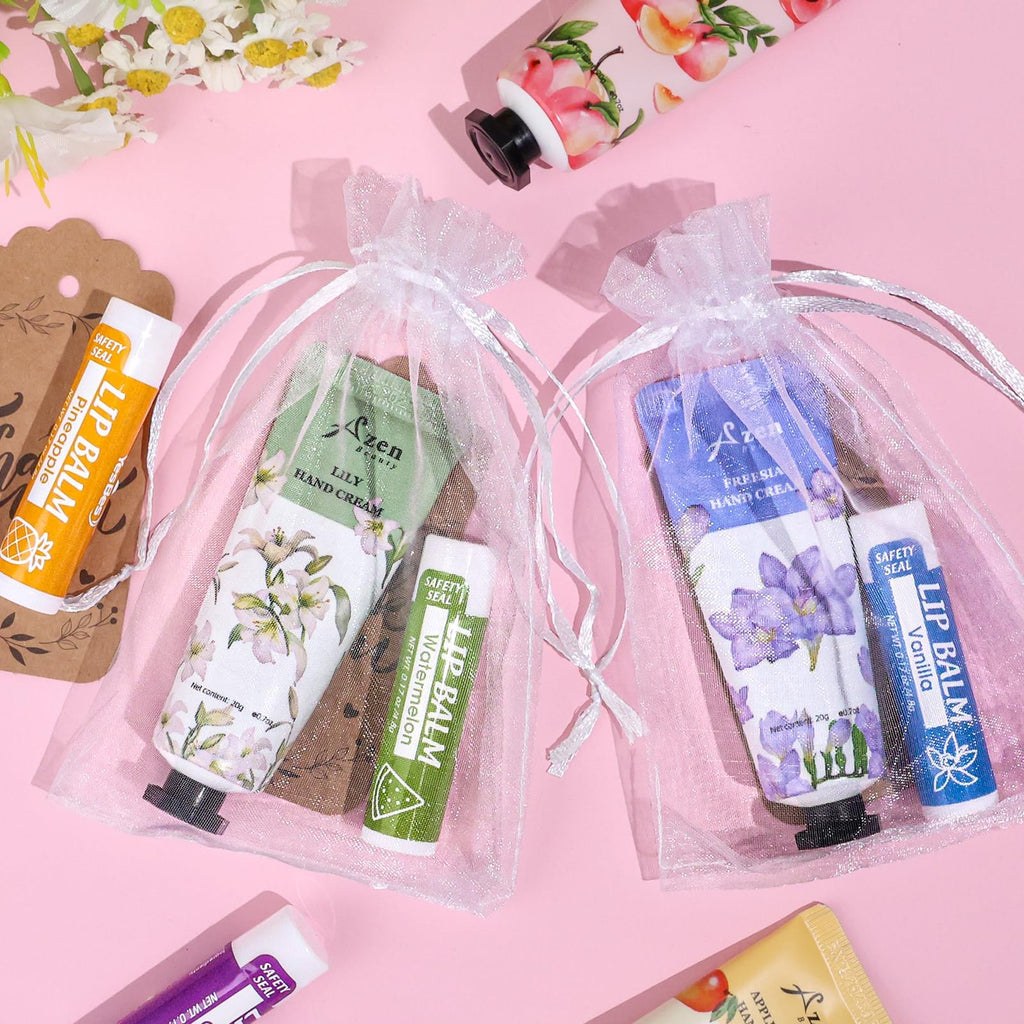 AZEN 32 Sets Bulk Gifts – Hand Cream & Lip Balm with Organza Bags & Thank You Cards