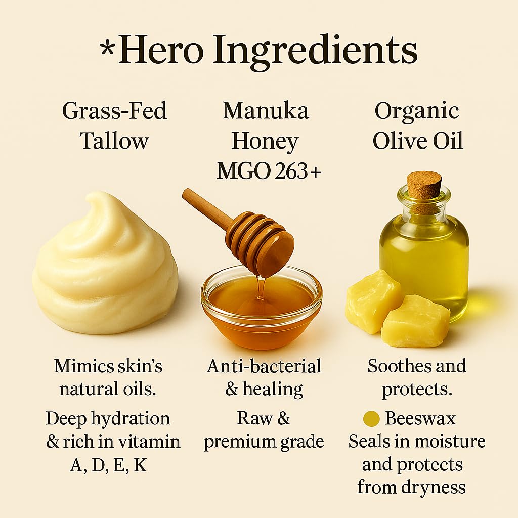 Azmera Beauty Grass-Fed Beef Tallow Balm with Manuka Honey & Olive Oil (2oz)