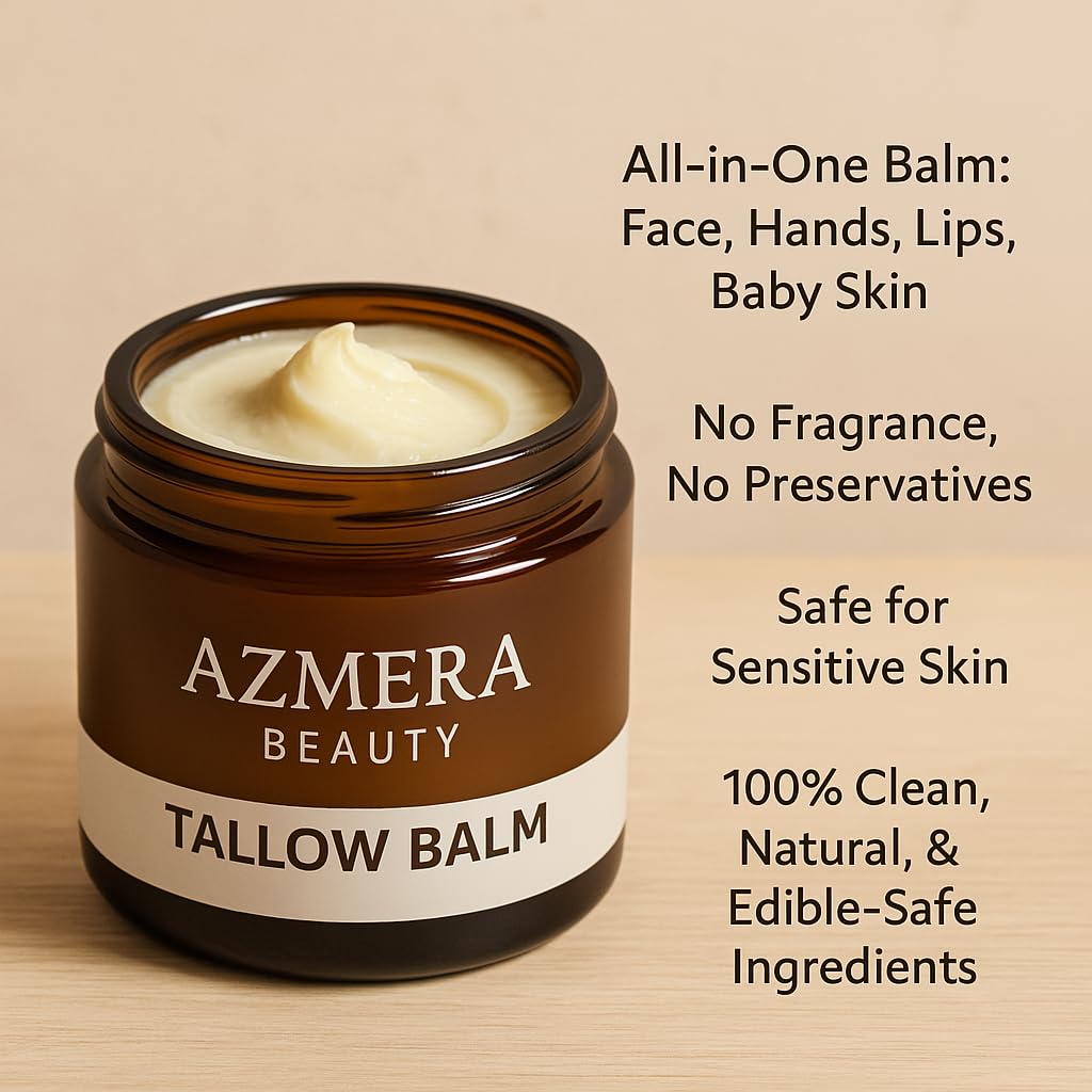 Azmera Beauty 100% Grass-Fed Beef Tallow Balm with Manuka Honey MGO 263+ – Organic Beeswax, Olive Oil and Moringa Oil (2oz, Unscented)