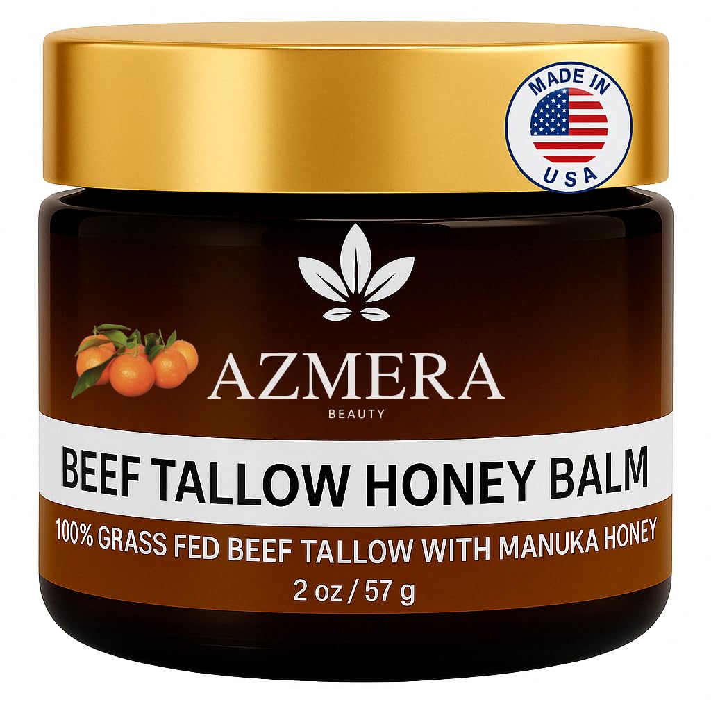 Azmera Beauty Beef Tallow Balm with Manuka Honey MGO263+ – 2oz Orange, Beeswax & Olive Oil, Handmade for Dry Skin
