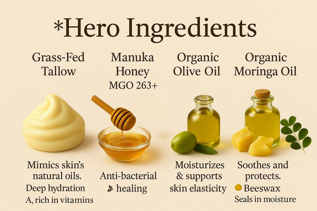 Azmera Beauty 100% Grass-Fed Beef Tallow Balm with Manuka Honey MGO 263+ – Organic Beeswax, Olive Oil and Moringa Oil (2oz, Unscented)
