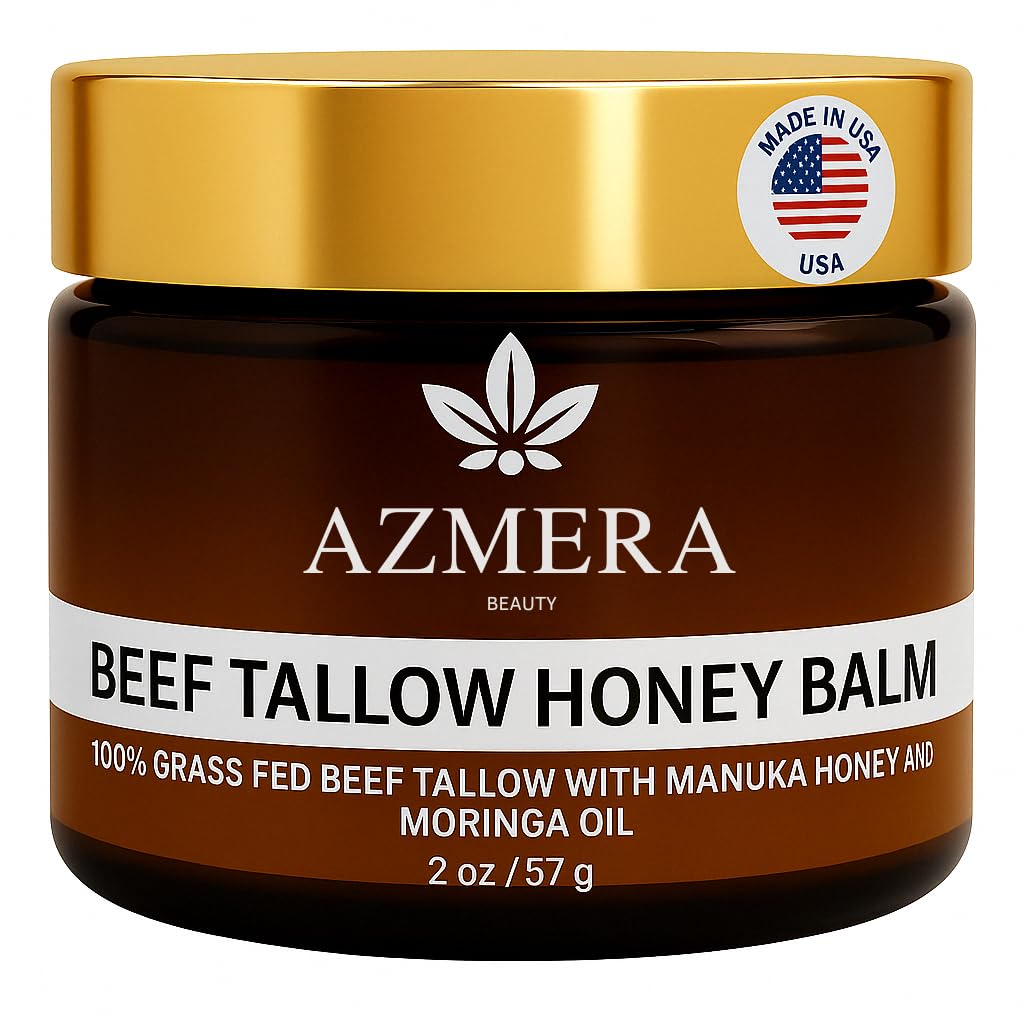 Azmera Beauty 100% Grass-Fed Beef Tallow Balm with Manuka Honey MGO 263+ – Organic Beeswax, Olive Oil and Moringa Oil (2oz, Unscented)