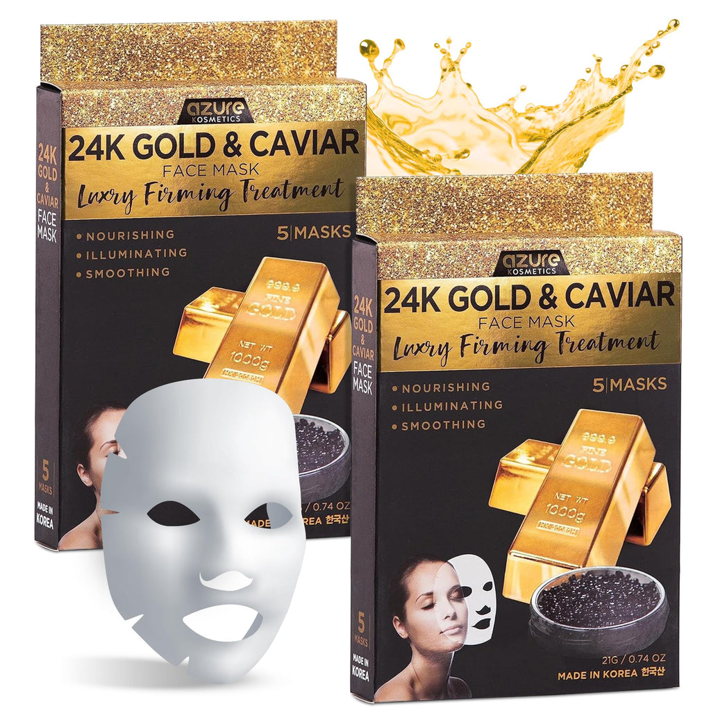 Azure Cosmetics 24K Gold & Caviar Anti-Aging Luxury Face Mask – Hydrating & Firming (Pack of 5)
