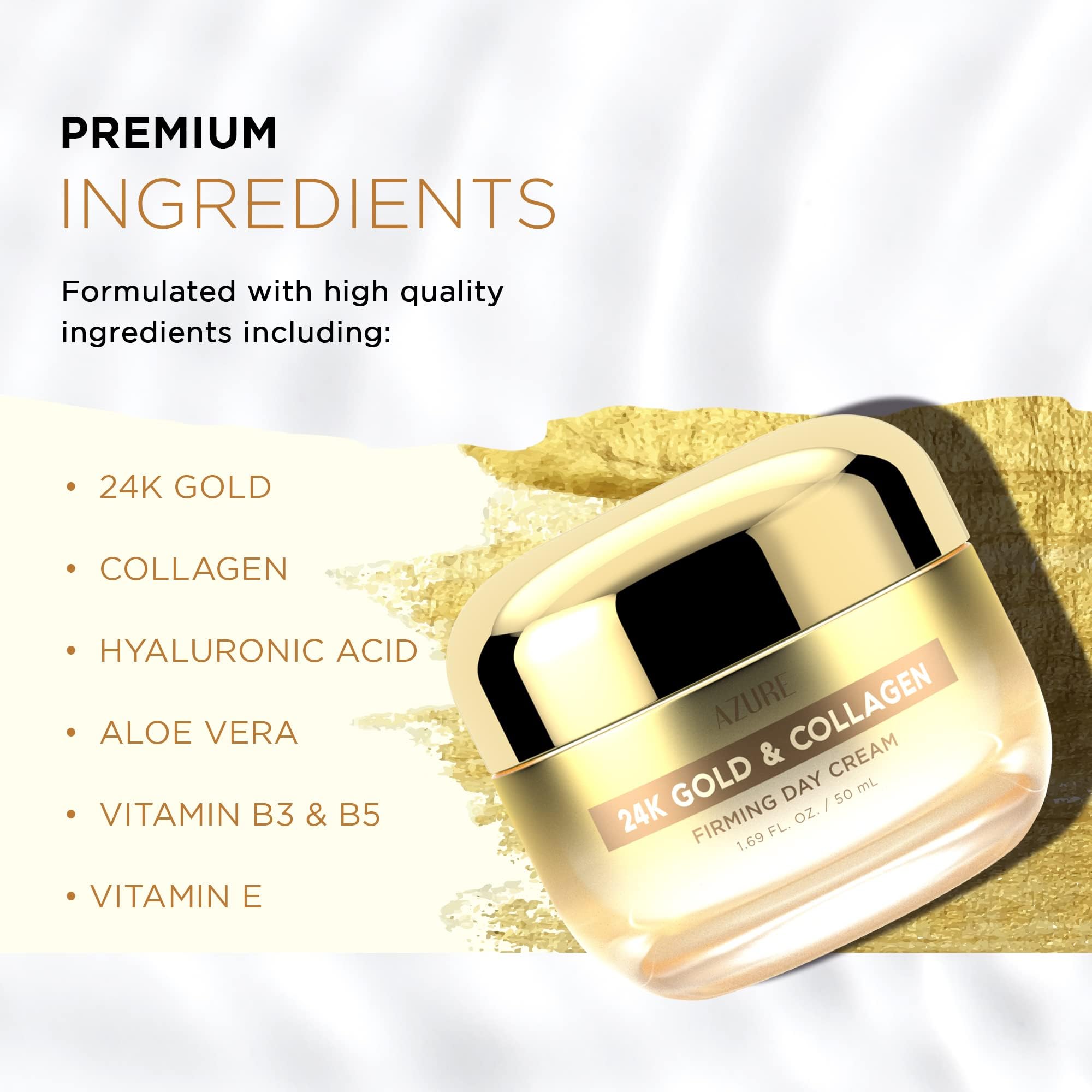 Azure Cosmetics 24K Gold & Collagen Face Moisturizer – Dermatologist Tested, Anti-Aging Cream | All Skin Types | 2 Pack