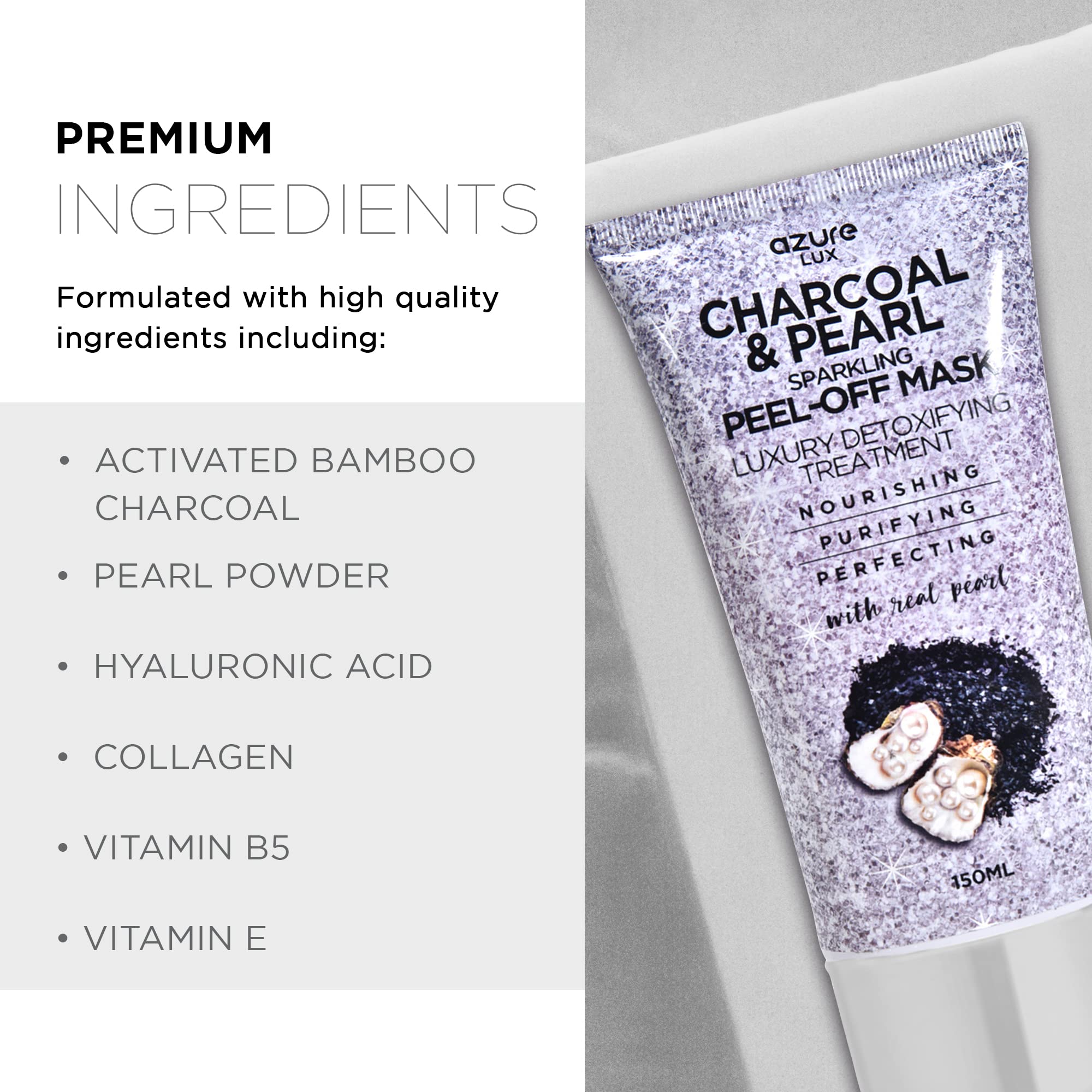 Azure Cosmetics Charcoal & Pearl Sparkling Peel-Off Mask | Korean Skincare for Anti-Aging, Dirt & Oil Control | Hyaluronic Acid & Collagen – 150 ml