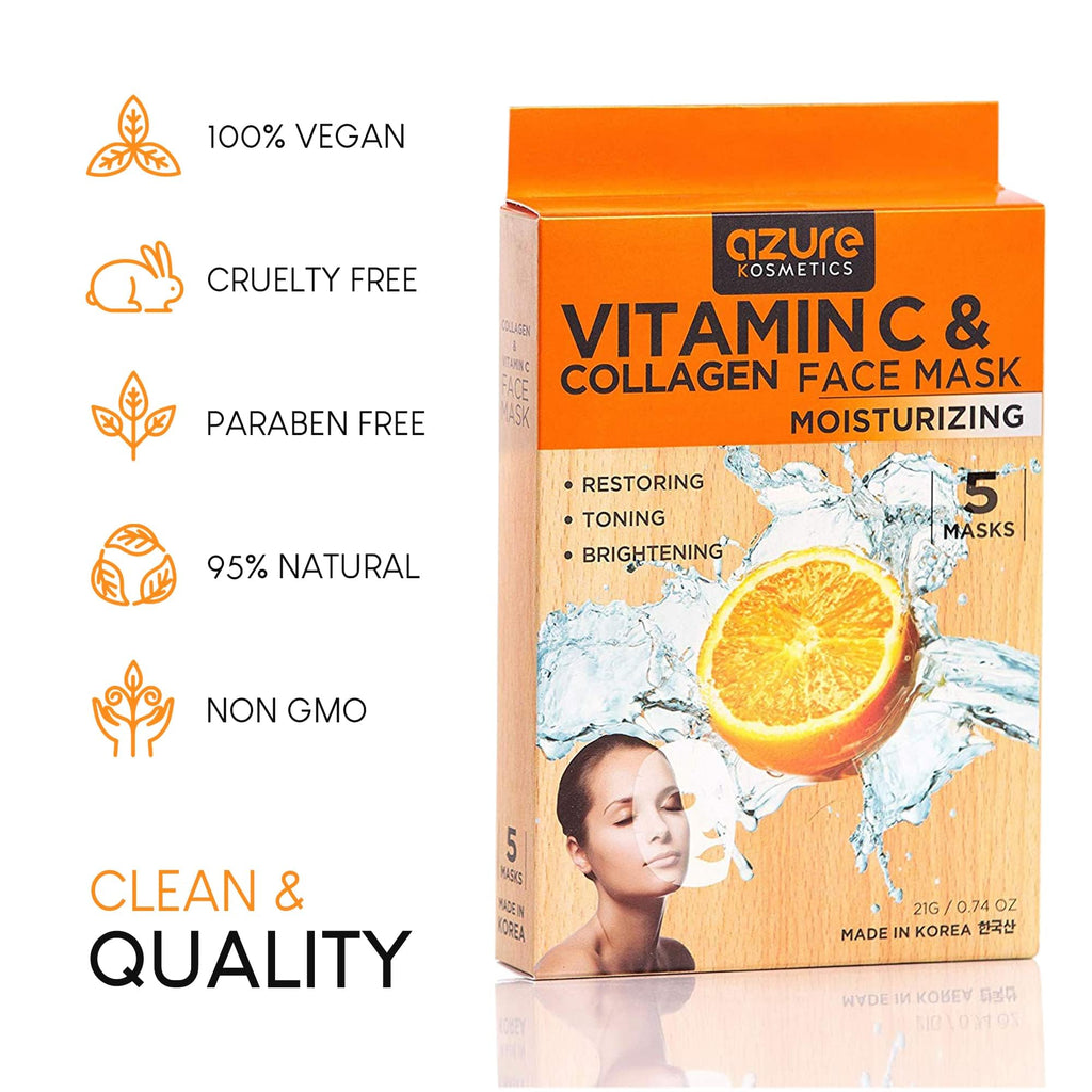 Azure Cosmetics Vitamin C & Collagen Face Mask - Hydration, Radiance & Elasticity - Pack of 5